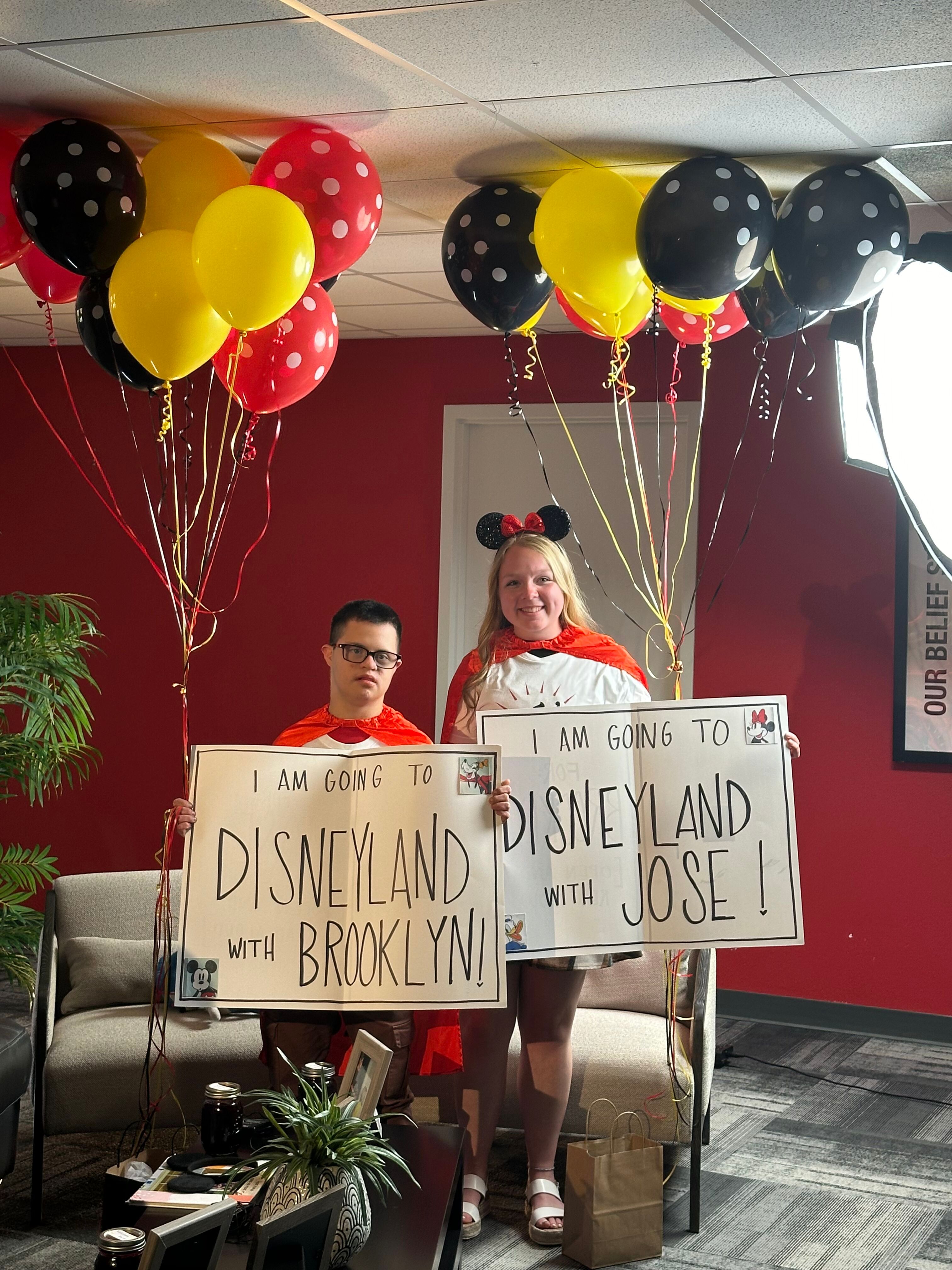 Vaughn and Brooklyn McKenzie celebrate a surprise trip to Disneyland during their first meeting together. Ten years ago, Brooklyn donated money she earned to go to Disneyland to Vaughn's adoption fees.