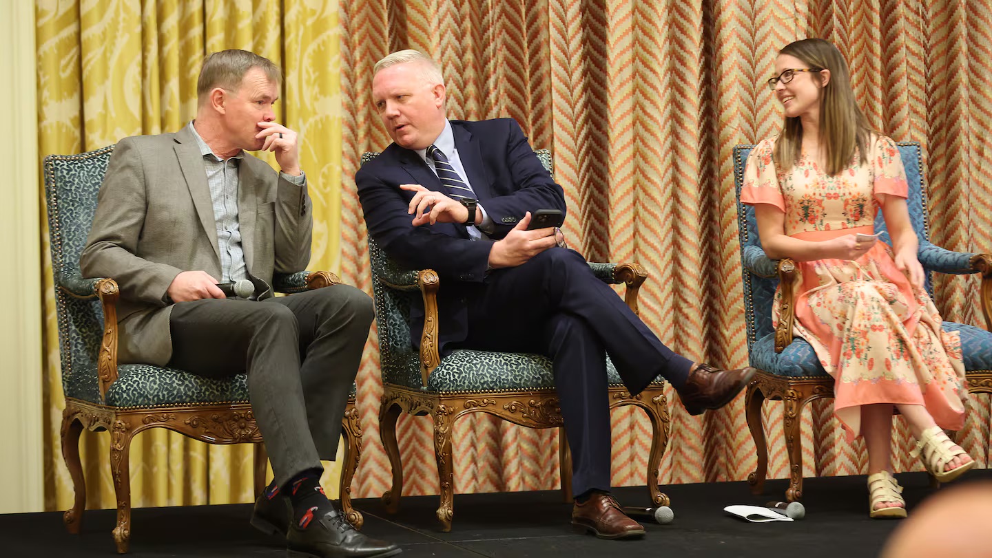 Brian Steed, state’s Great Salt Lake commissioner, Steve Waldrip, Utah’s senior adviser for housing strategy and innovation, and Carly Maloney, 2024 teacher of the year, wait to speak during the Utah Foundation annual luncheon in Salt Lake City on Wednesday.