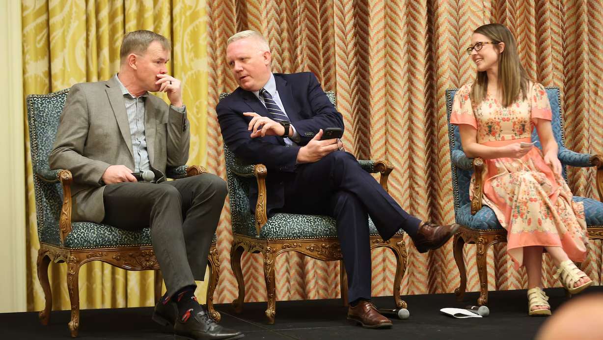 Brian Steed, state’s Great Salt Lake commissioner, Steve Waldrip, Utah’s senior adviser for housing strategy and innovation, and Carly Maloney, 2024 teacher of the year, wait to speak during the Utah Foundation annual luncheon in Salt Lake City on Wednesday.