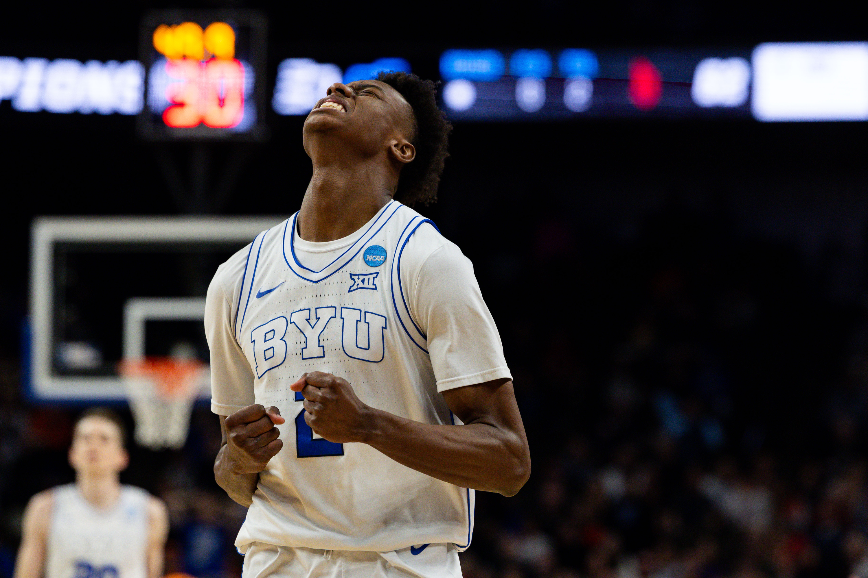 Brigham Young guard Jaxson Robinson (2) reacts in the final minutes of the game between the Brigham Young Cougars and the Duquesne Dukes in the first round of the 2024 NCAA Tournament at the CHI Health Center in Omaha on Thursday, March 21, 2024. BYU lost, 71-67.