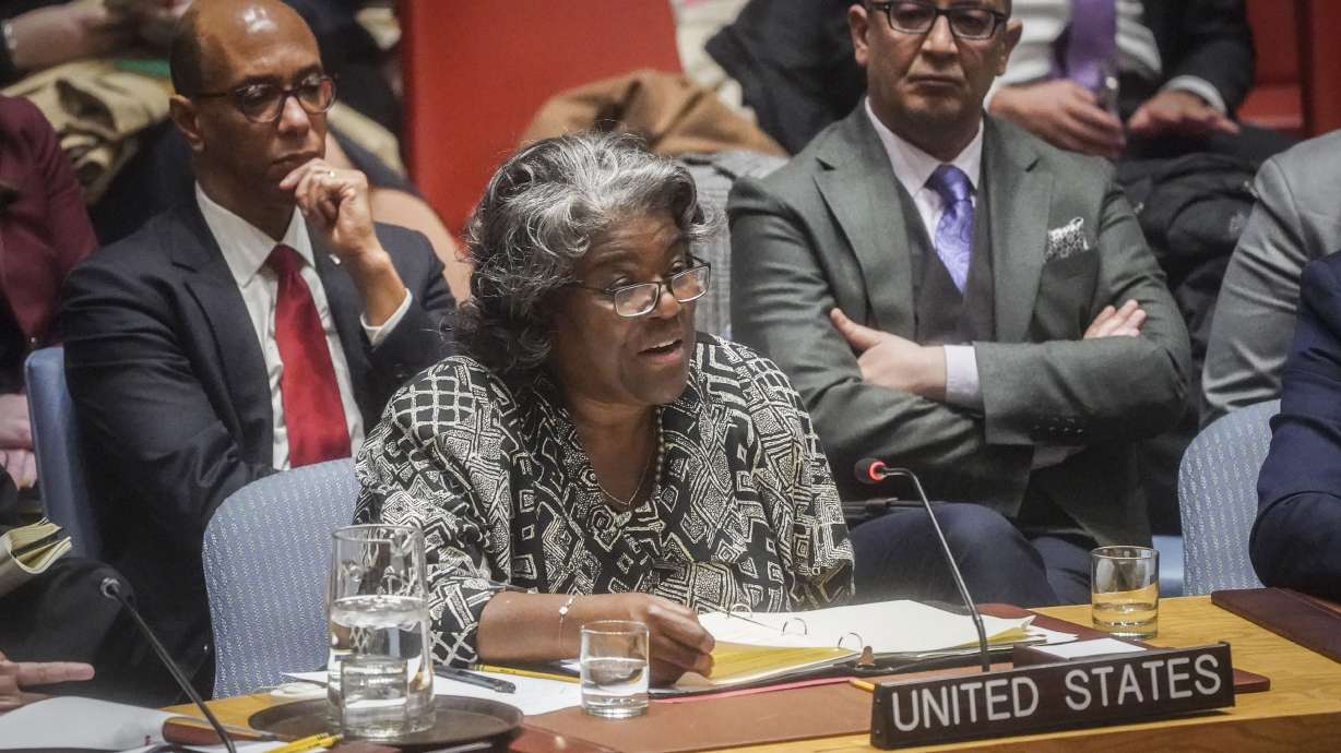 U.S. United Nations Ambassador Linda Thomas-Greenfield addresses the United Nations Security Council on the war in Gaza, March 11. Russia and China on Friday vetoed a resolution calling for "an immediate and sustained cease-fire."