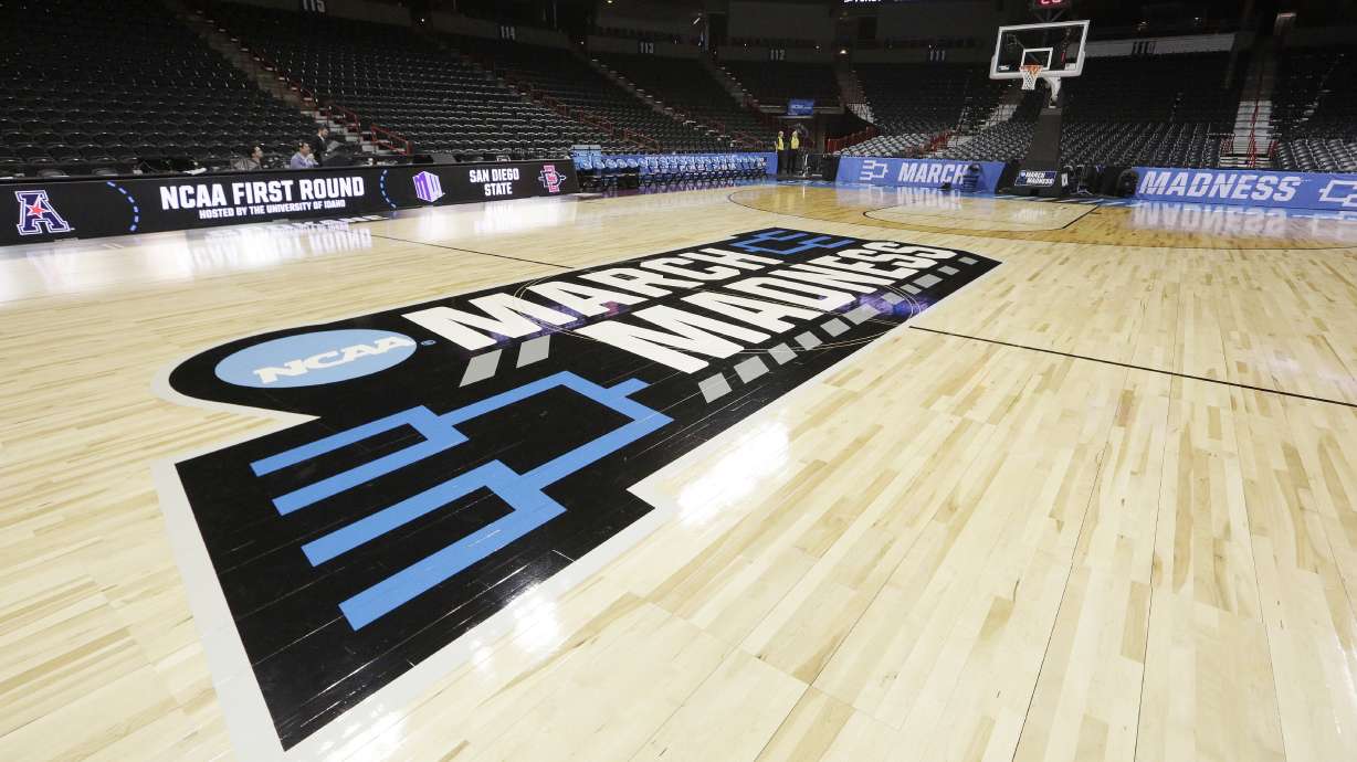 The court is seen before a first-round college basketball game between San Diego State and UAB in the NCAA Tournament in Spokane, Wash., Friday, March 22, 2024.