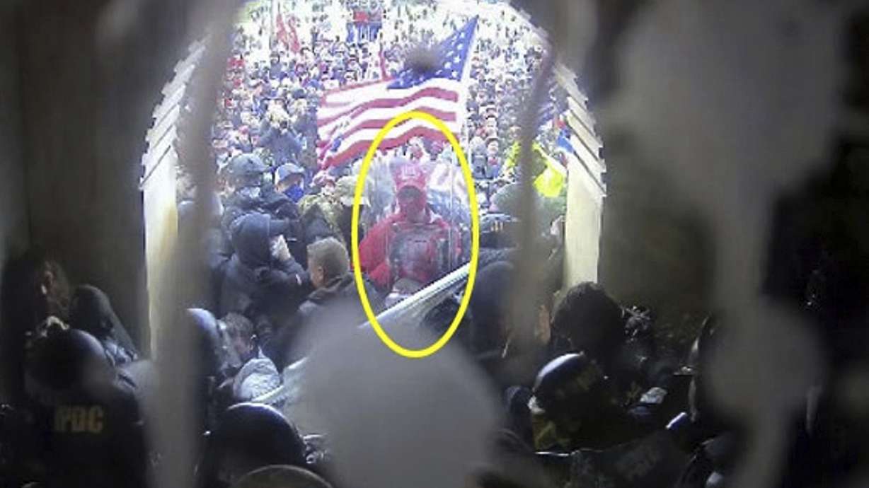 This image from police body-worn video and contained in the Justice Department statement of facts supporting the arrest of Rally Runner, shows Rally Runner outside the U.S. Capitol on Jan. 6, 2021, in Washington. Rally Runner, who legally changed his name from Daniel Donnelly Jr., pleaded guilty on Friday, March 22, 2024, to a felony charge of civil disorder and is scheduled to be sentenced in July.