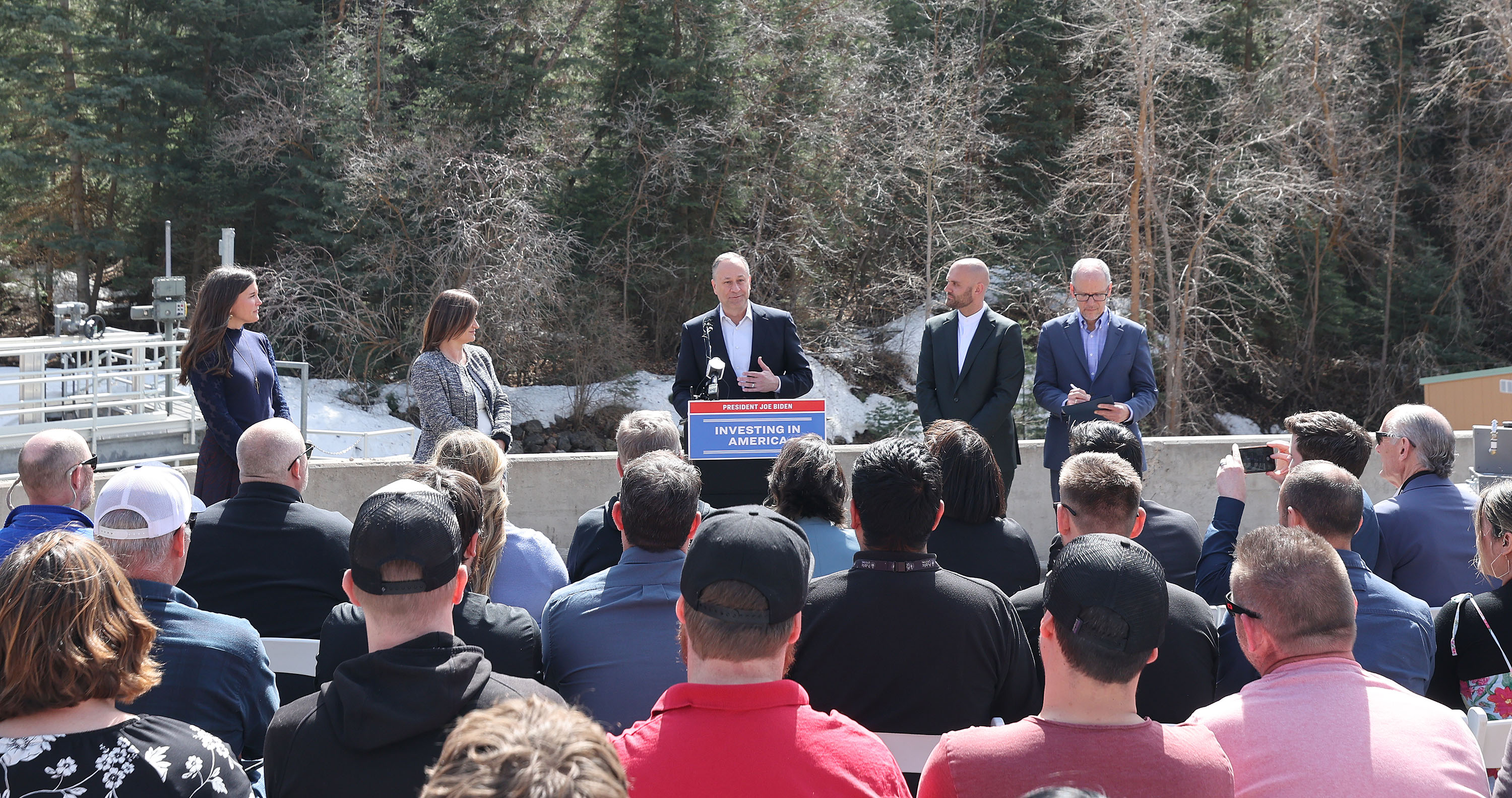 U.S. second gentleman Doug Emhoff, and Tom Perez, senior adviser to President Biden, Salt Lake City Mayor Erin Mendenhall and Salt Lake County Mayor Jenny Wilson speak outside the City Creek water treatment plant in Salt Lake City Friday.