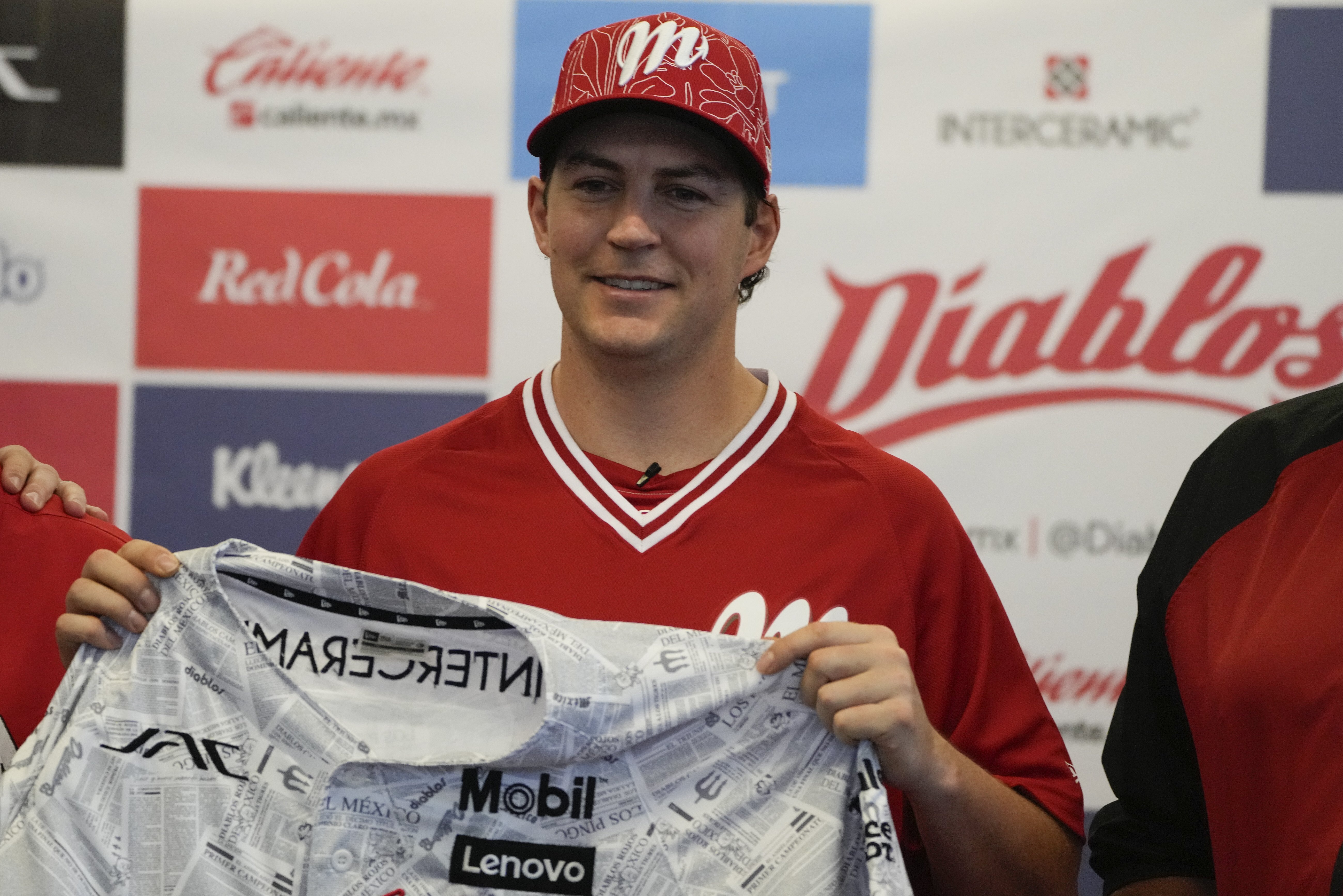 Trevor Bauer attends his introduction ceremony as Diablos de Mexico's new starting pitcher at Alfredo Harp Helú stadium in Mexico City, Friday, March 22, 2024. 