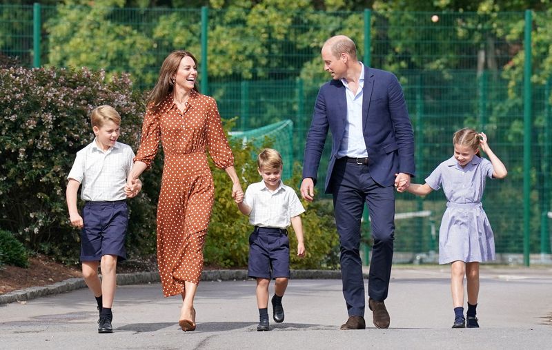 Britain's Prince George, Princess Charlotte and Prince Louis, accompanied by their parents Prince William and Catherine, Duchess of Cambridge, arrive for a settling-in afternoon at Lambrook School, an annual event held to welcome new starters and their families the day before the start of the new school term, near Ascot in Berkshire, Britain, Sept. 7, 2022.