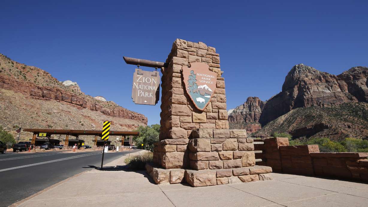 An entrance to Zion National Park is pictured on Oct. 14, 2020. Zion National Park officials are weighing big changes to traffic flow at its south entrance.