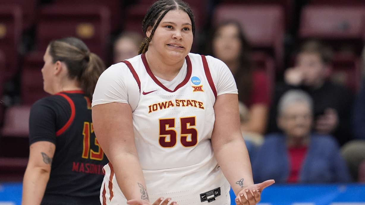 Iowa State center Audi Crooks reacts during the first half of the team's first-round college basketball game against Maryland in the women's NCAA Tournament in Stanford, Calif., Friday, March 22, 2024.