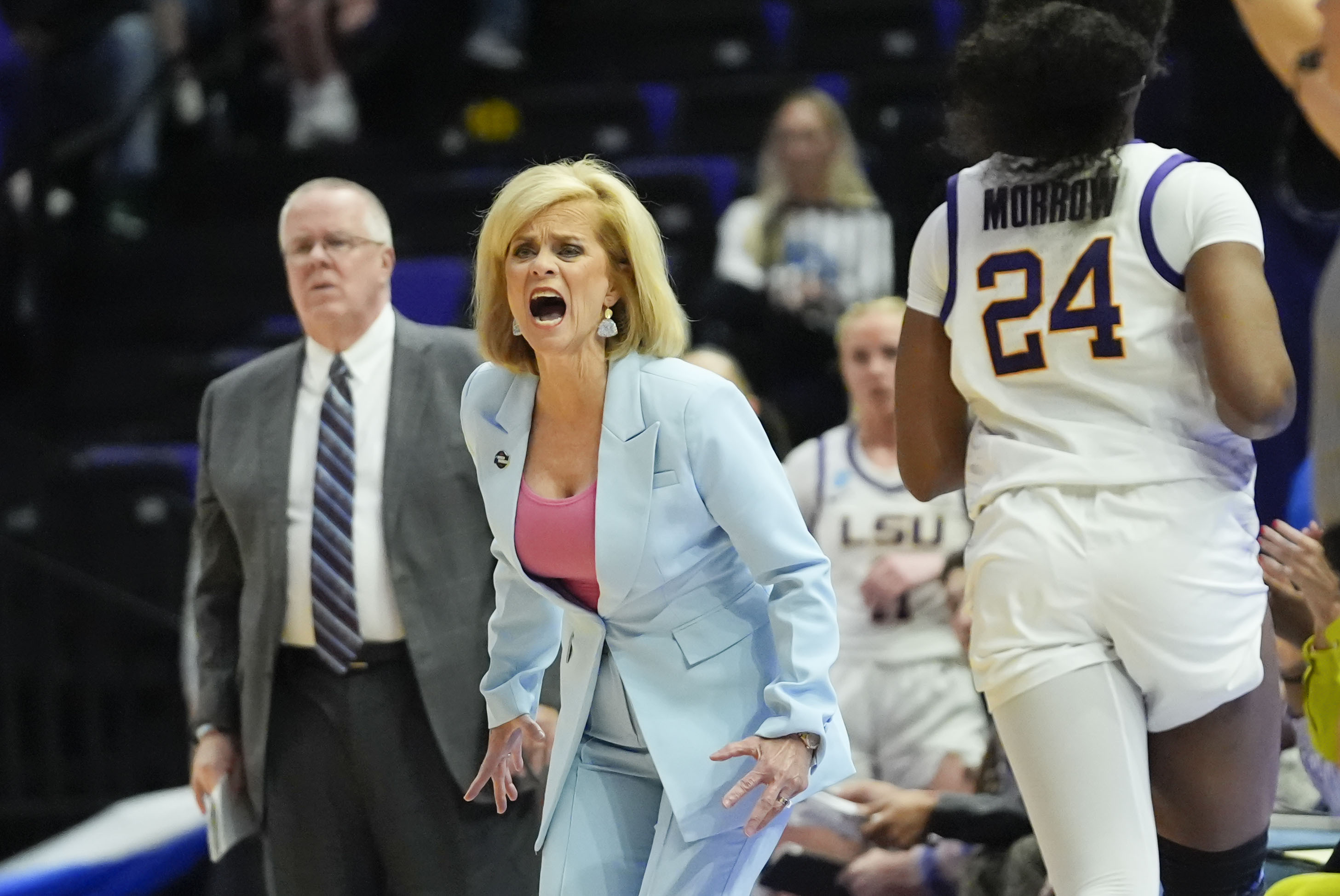 LSU head coach Kim Mulkey calls out from the bench during the first half of a first-round college basketball game against Rice in the women's NCAA Tournament in Baton Rouge, La., Friday, March 22, 2024. 