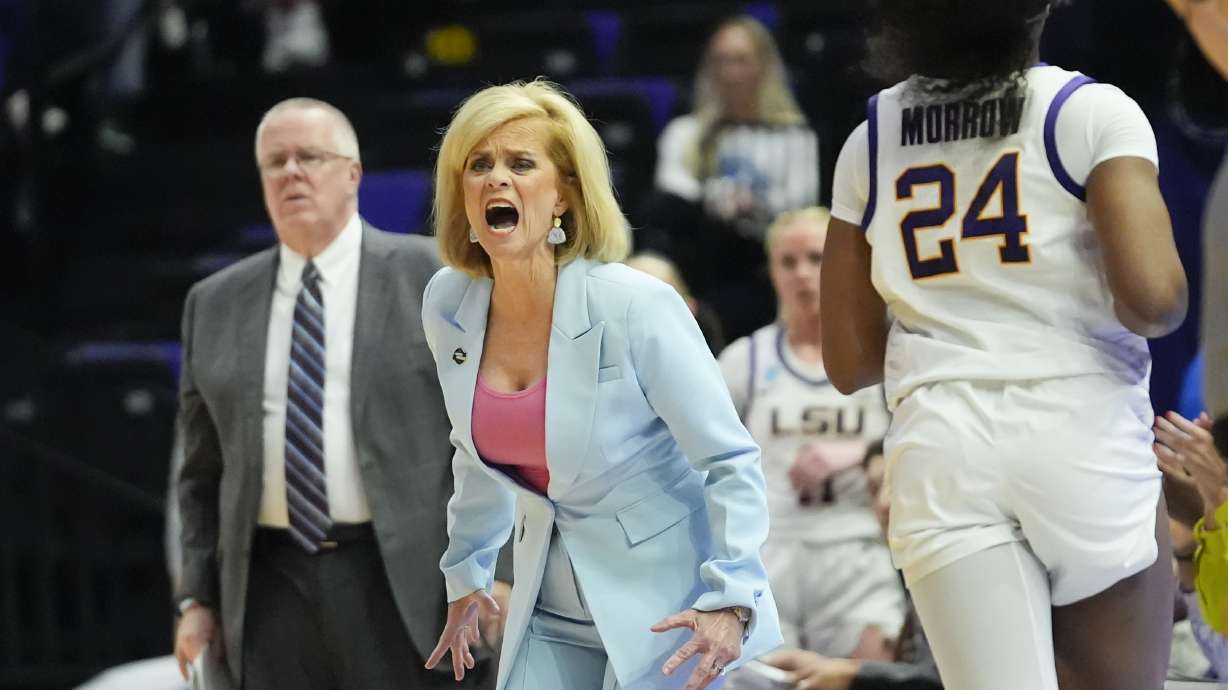 LSU head coach Kim Mulkey calls out from the bench during the first half of a first-round college basketball game against Rice in the women's NCAA Tournament in Baton Rouge, La., Friday, March 22, 2024.