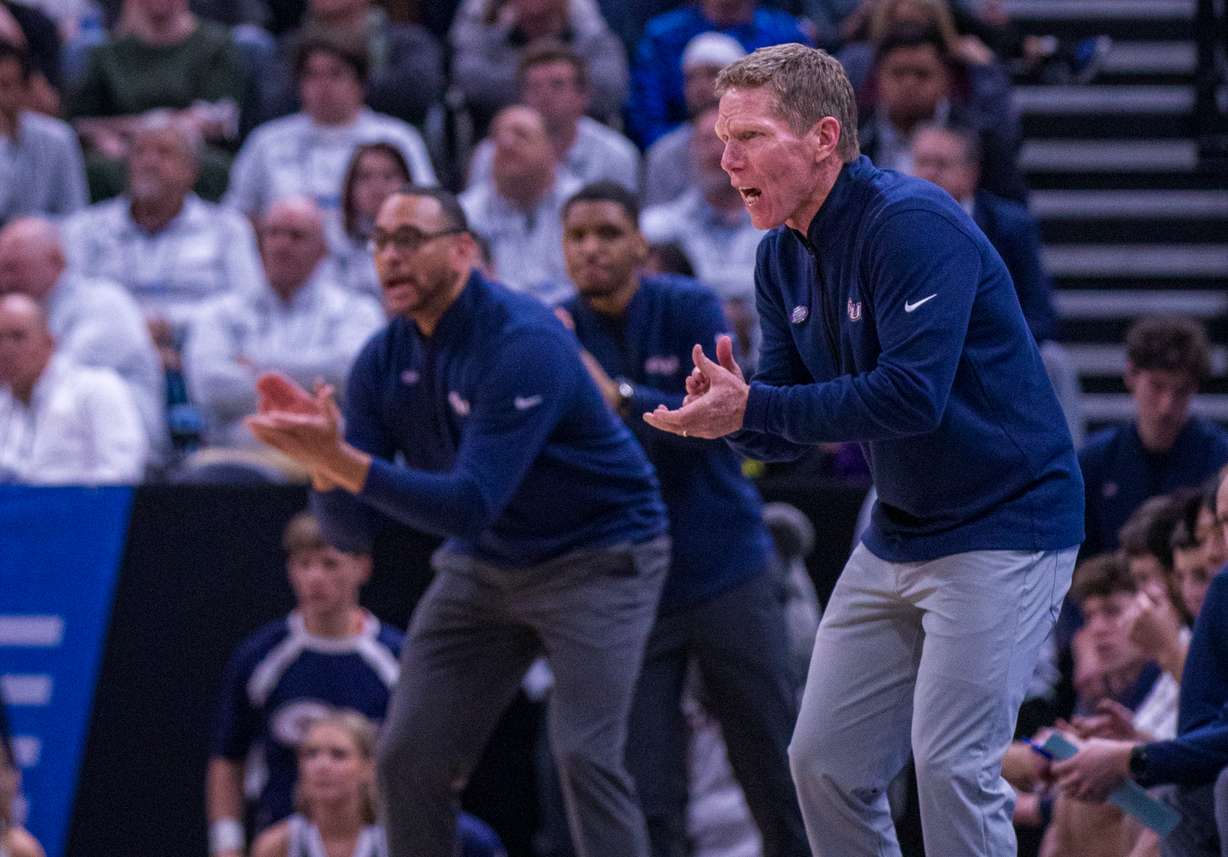 Gonzaga coach Mark Few cheers on his players during a game between Gonzaga and Kansas in the second round of the NCAA men's basketball tournament at Delta Center in Salt Lake City on Saturday.