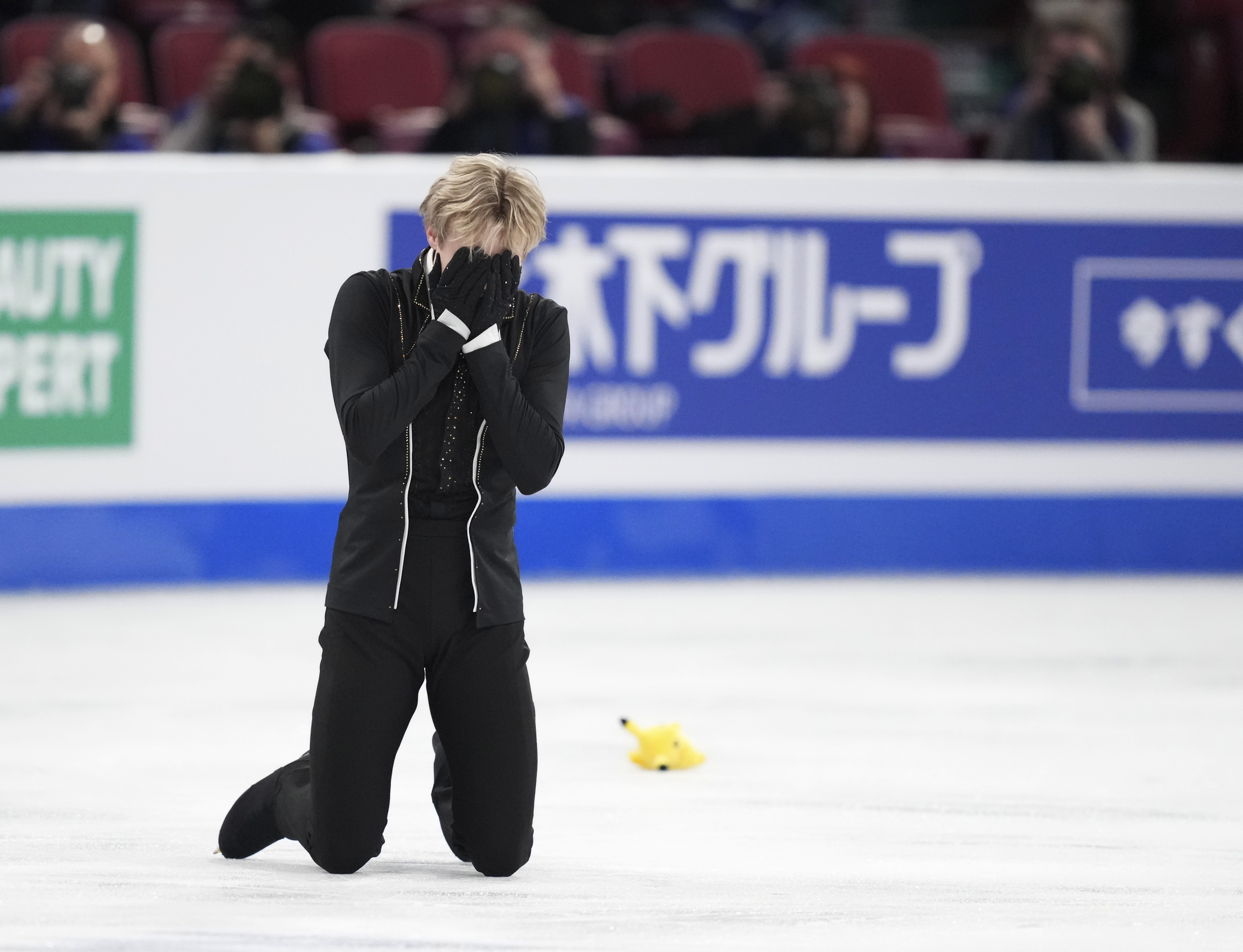 Ilia Malinin, of the United States, reacts after his free skate routine at the world figure skating championships Saturday, March 23, 3024, in Montreal. 