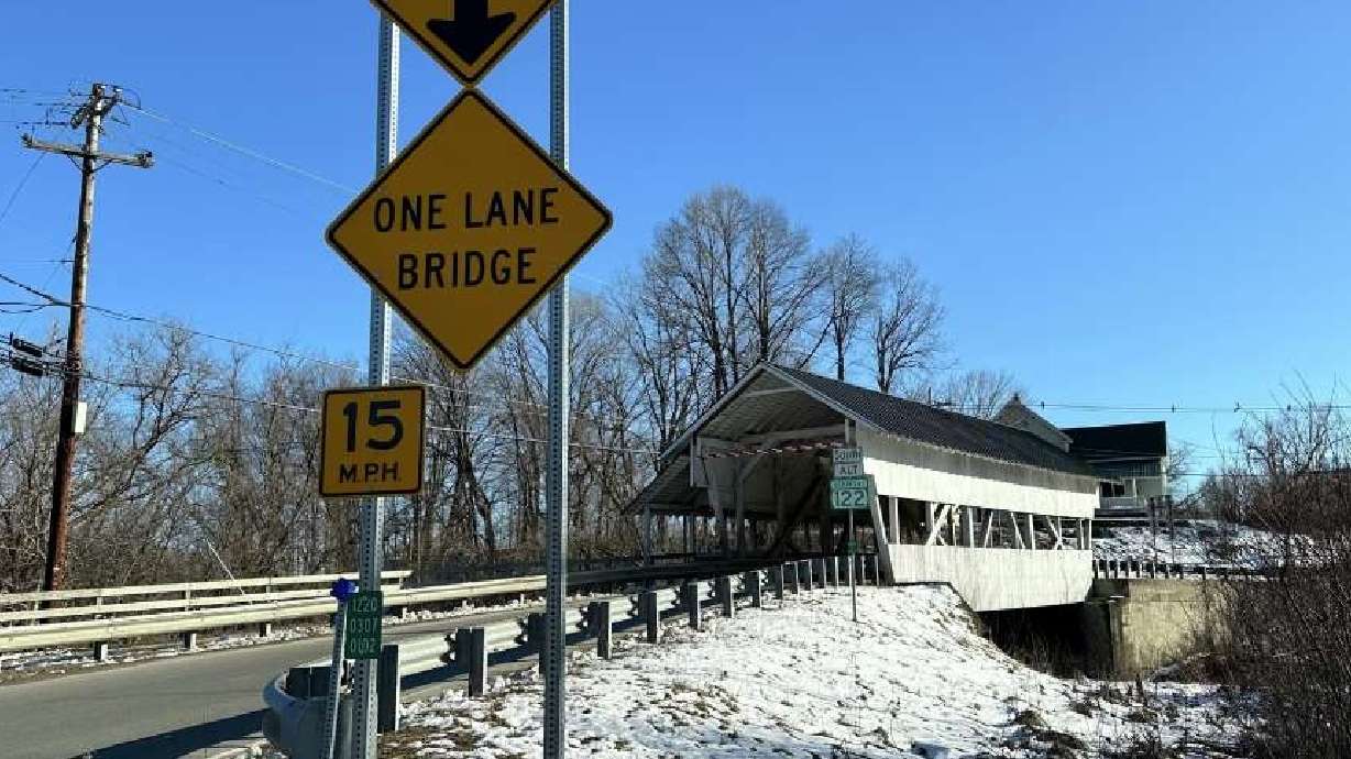 The Miller's Run covered bridge March 12 in Lyndon, Vt. The historic bridge is under threat from truck drivers using GPS meant for cars that continually hit the bridge.