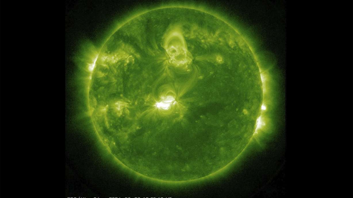The sun, seen from the Solar Dynamics Observatory satellite on Saturday. Space weather forecasters have issued a geomagnetic storm watch through Monday.