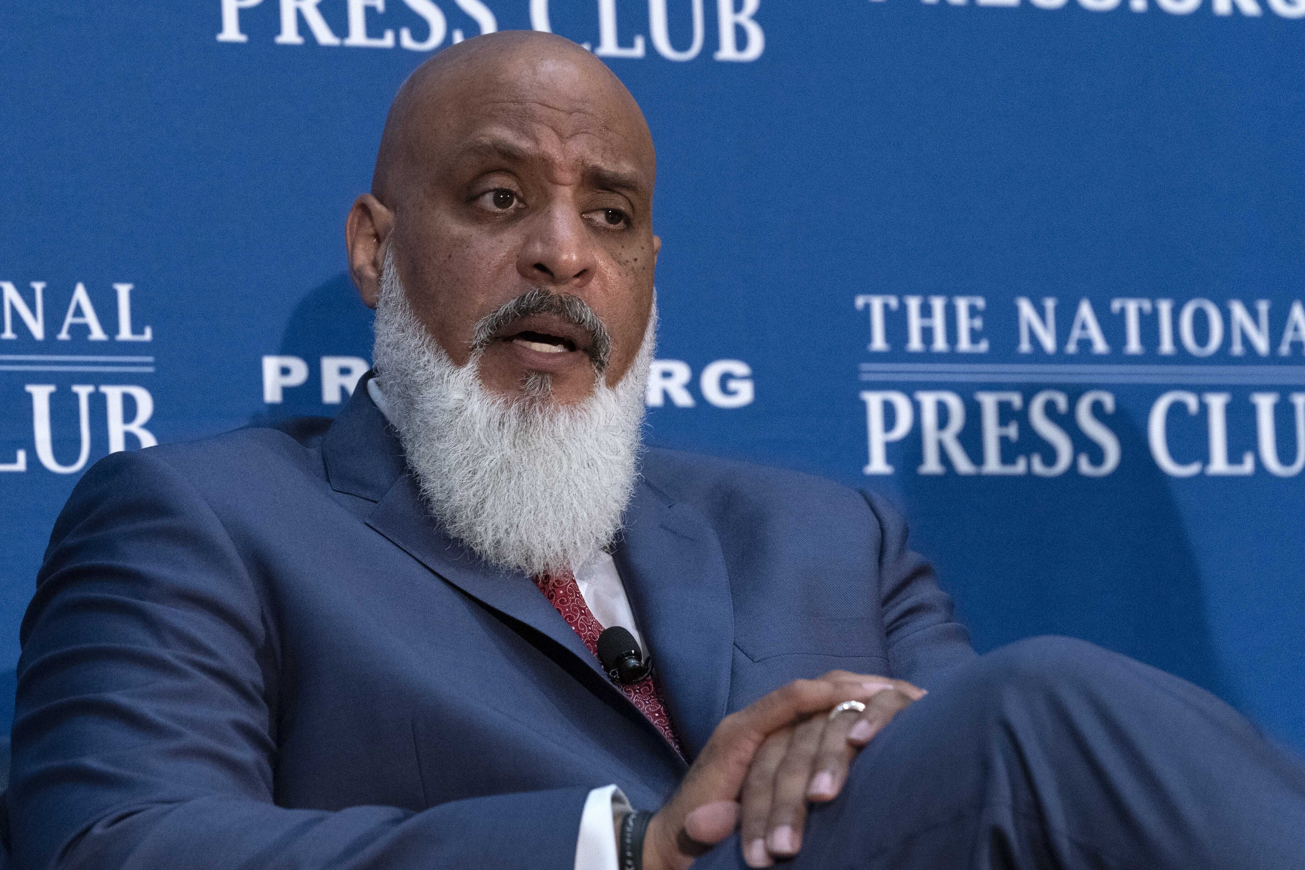 Baseball players’ association head Tony Clark speaks during a news conference at the Press Club in Washington, Wednesday, Sept. 7, 2022. Clark is hopeful 2024 uniforms will soon be altered following complaints by his members. The uniforms designed by Nike and manufactured by Fanatics have been criticized by players for pants that are somewhat see through and for lettering, sleeve emblems and numbering that are less bulky and apparently smaller.