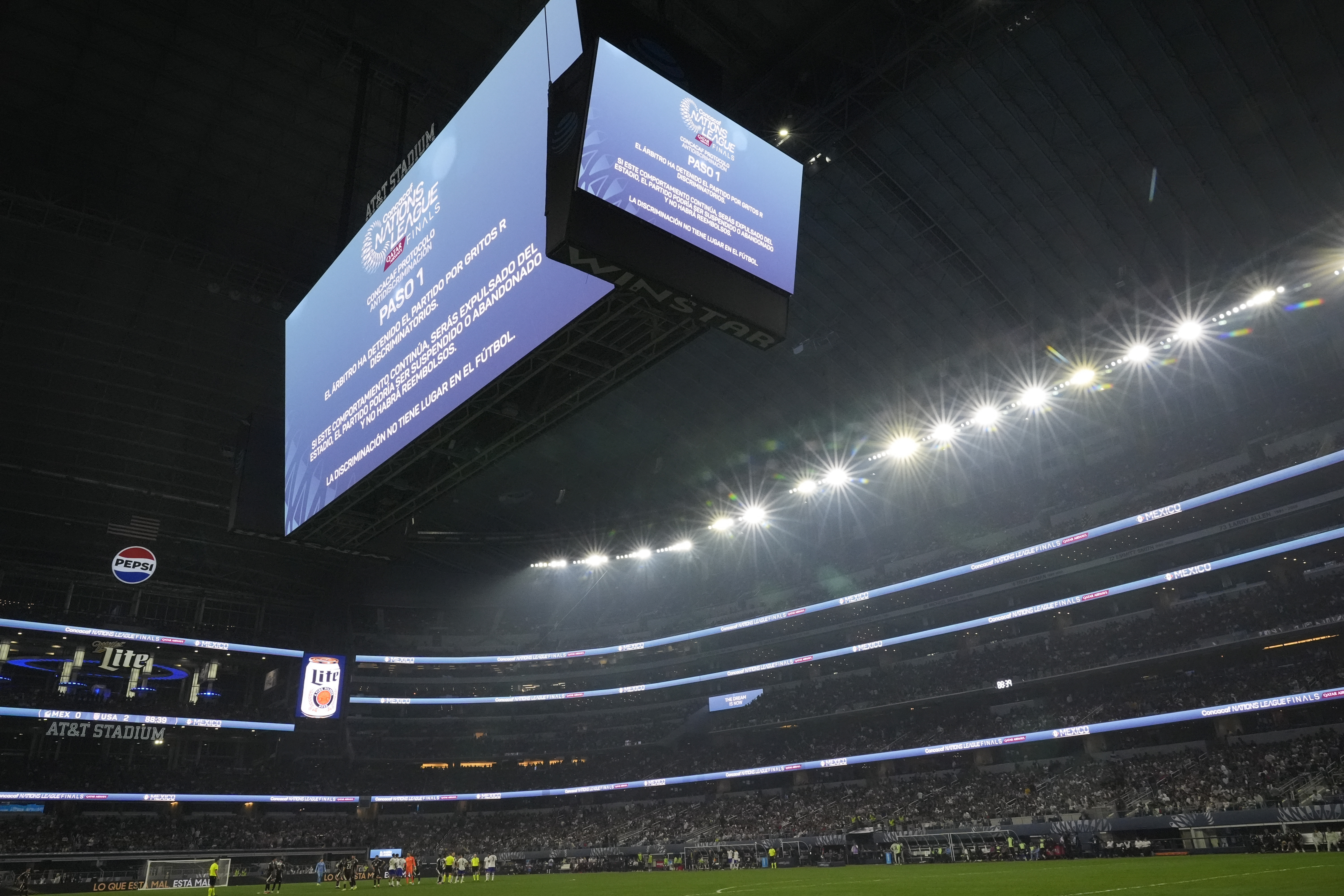The CONCACAF Nations League final soccer match between Mexico and the United States is stopped due to discriminatory chants during the second half Sunday, March 24, 2024, in Arlington, Texas.