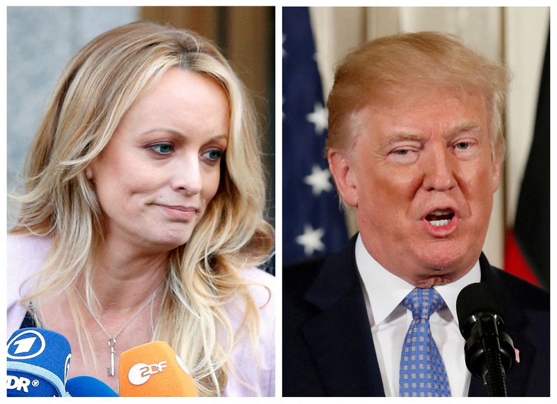 A combination photo shows adult film actress Stephanie Clifford, also known as Stormy Daniels, and former President Donald Trump.
