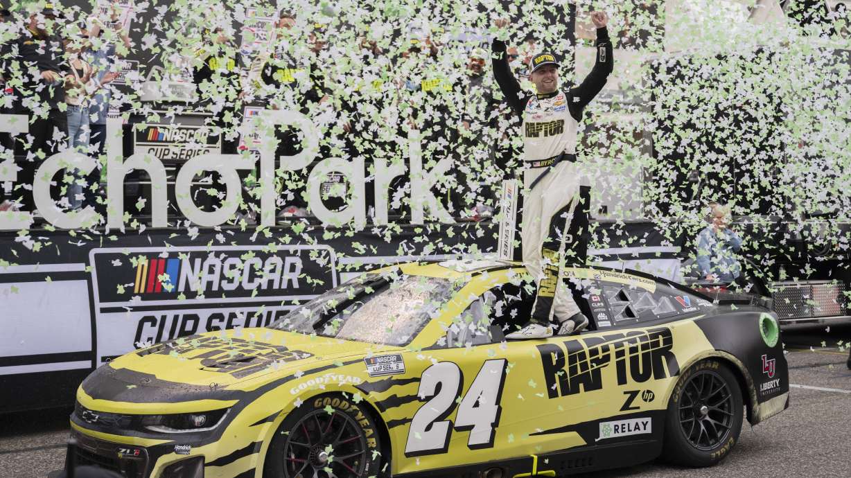 William Byron celebrates after winning a NASCAR Cup Series auto race Sunday, March 24, 2024, at Circuit of the Americas in Austin, Texas.