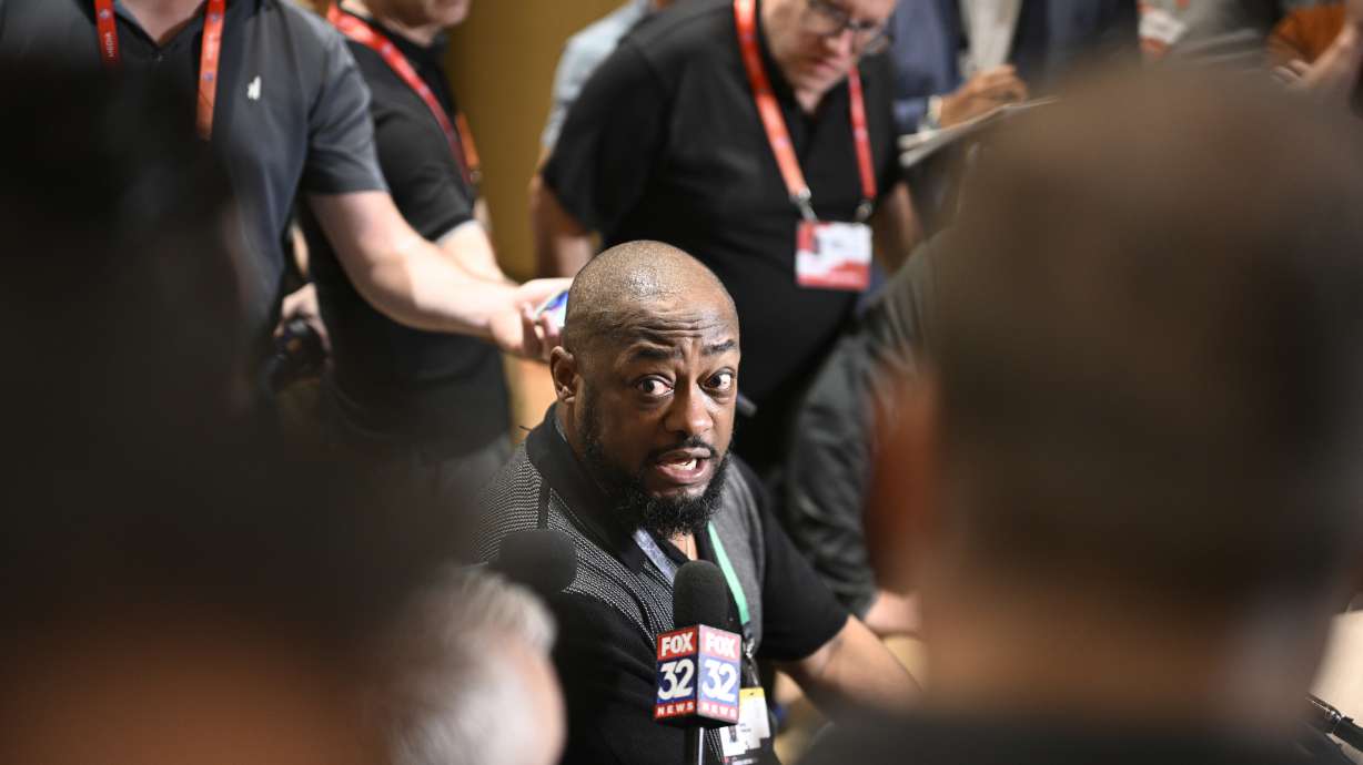 Pittsburgh Steelers head coach Mike Tomlin talks with reporters during an AFC coaches availability at the NFL owners meetings, Monday, March 25, 2024, in Orlando, Fla.