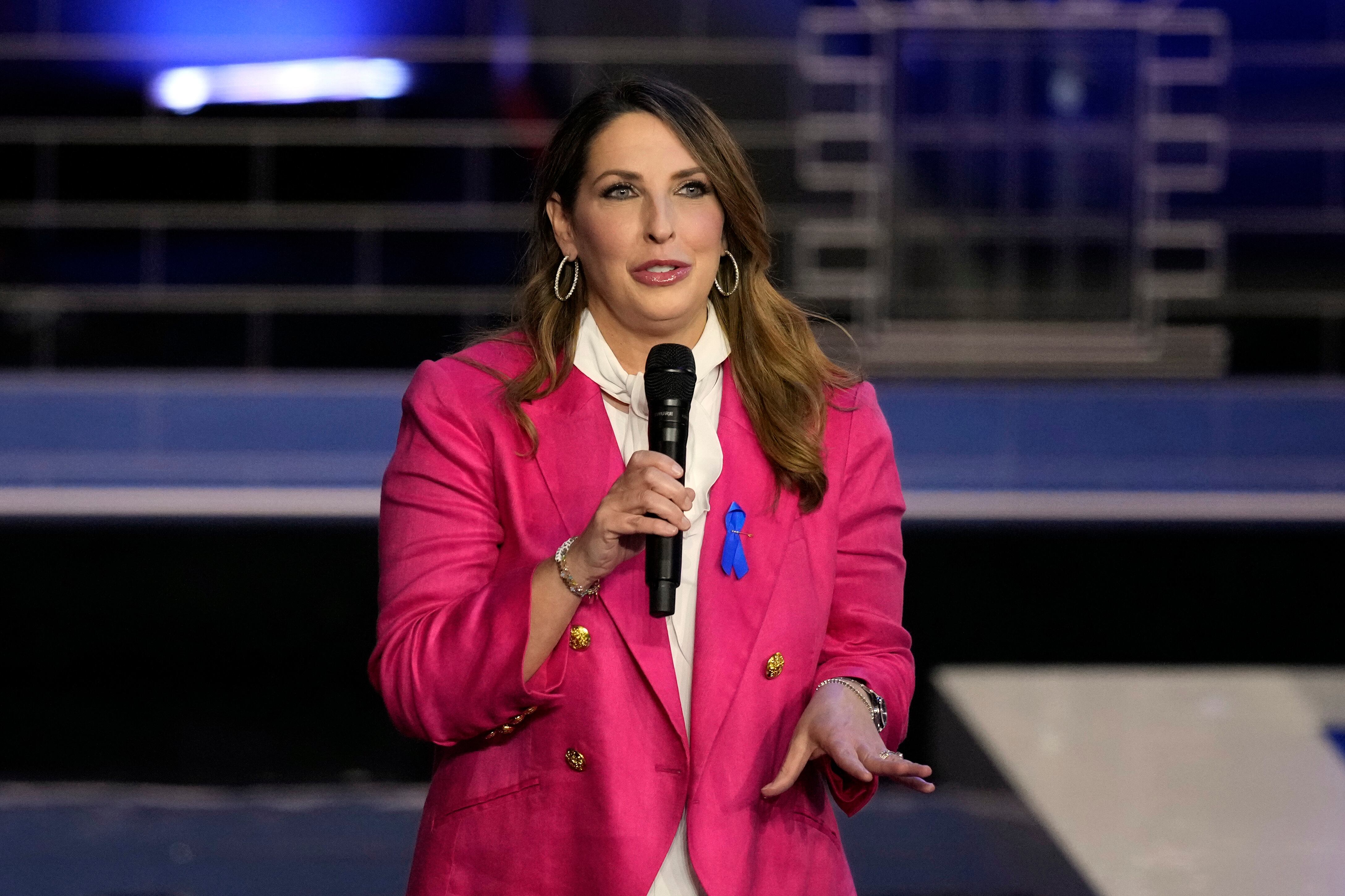 Ronna McDaniel speaks Nov. 8, 2023, in Miami. Former NBC News “Meet the Press” moderator Chuck Todd criticized his network Sunday for hiring the former Republican National Committee head McDaniel as a paid contributor.