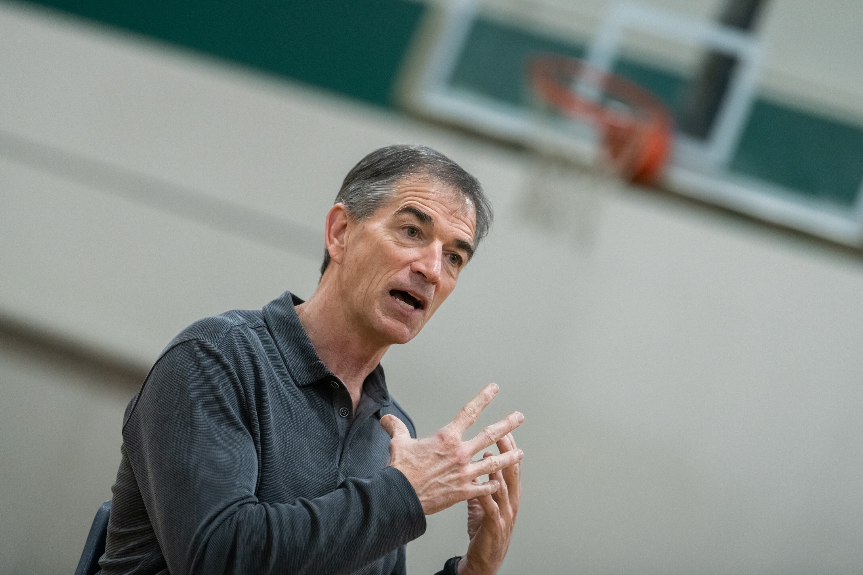NBA Hall of Famer and former Utah Jazz point guard John Stockton speaks with Deseret News reporter Samuel Benson at the Warehouse Athletic Facility in Spokane, Washington, on March 13.