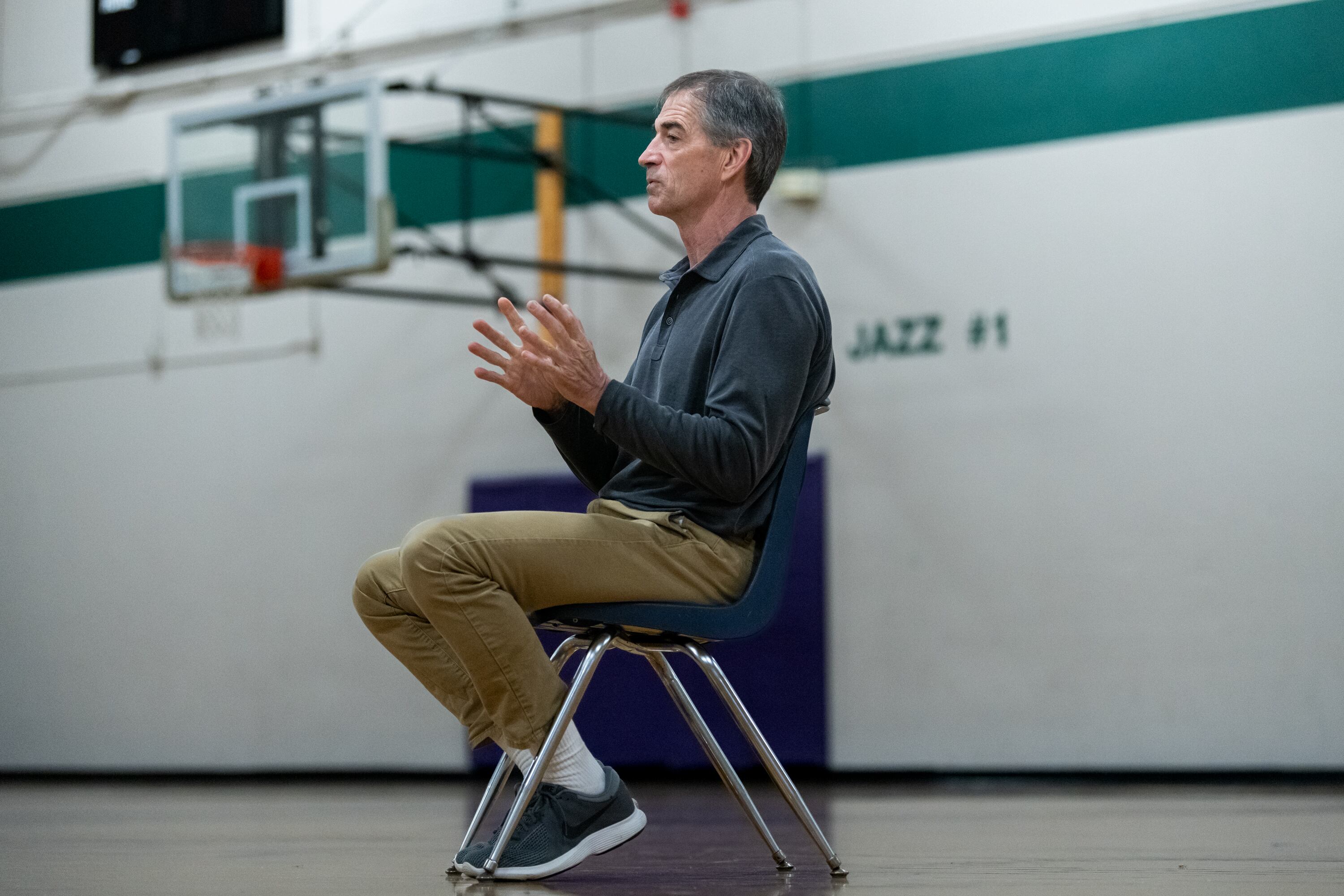 NBA Hall of Famer and former Utah Jazz point guard John Stockton speaks with Deseret News reporter Samuel Benson at the Warehouse Athletic Facility in Spokane, Wash., on March 13.