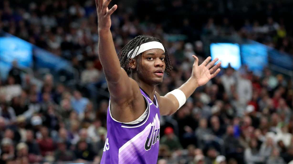 Utah Jazz forward Taylor Hendricks (0) looks at the referee during an NBA game against the Dallas Mavericks at the Delta Center in Salt Lake City on Monday, March 25, 2024.