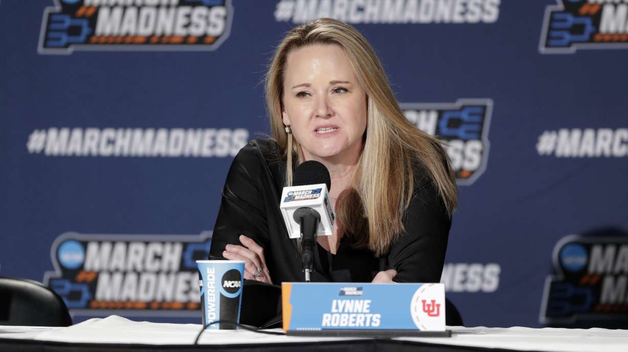 University of Utah head coach Lynne Roberts speaks during the NCAA Tournament in Spokane on March 25. Idaho prosecutors have declined to prosecute an 18-year-old who yelled racial epithets at the team that was staying in Coeur d'Alene for the tournament.