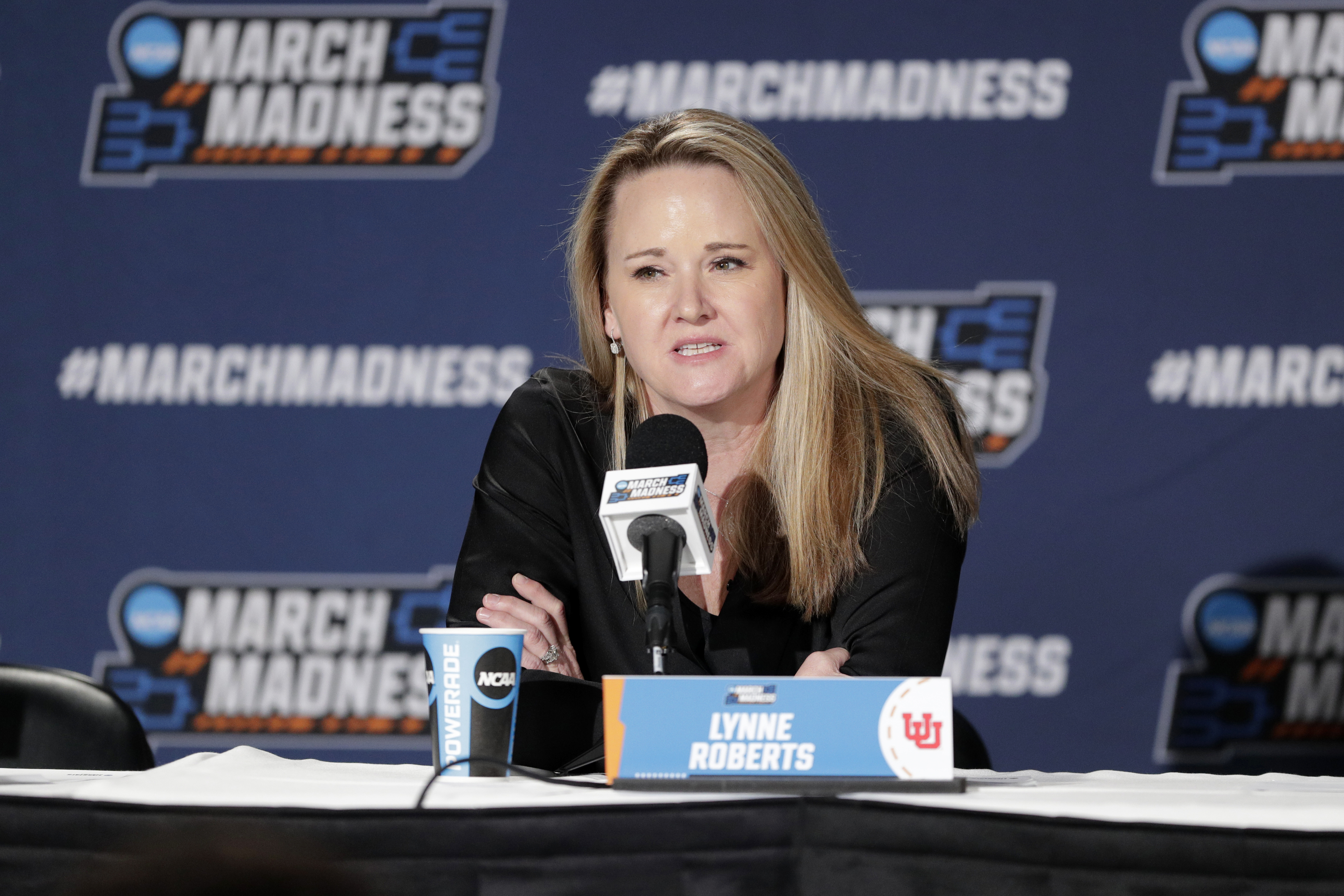 Utah head coach Lynne Roberts speaks during a press conference after a second-round college basketball game against Gonzaga in the NCAA Tournament in Spokane, Wash., Monday, March 25, 2024.