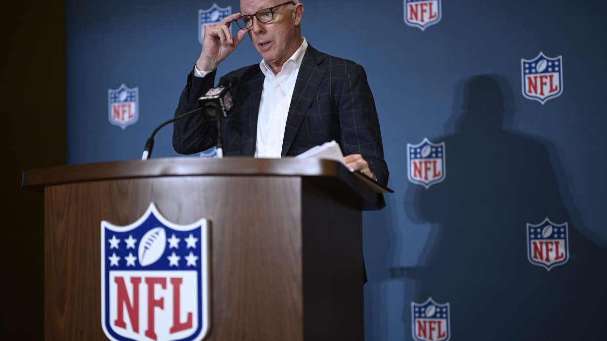 Rich McKay, Atlanta Falcons CEO and Competition Committee Chairman, addresses reporters about rules changes at the NFL owners meetings, Monday, March 25, 2024, in Orlando, Fla.