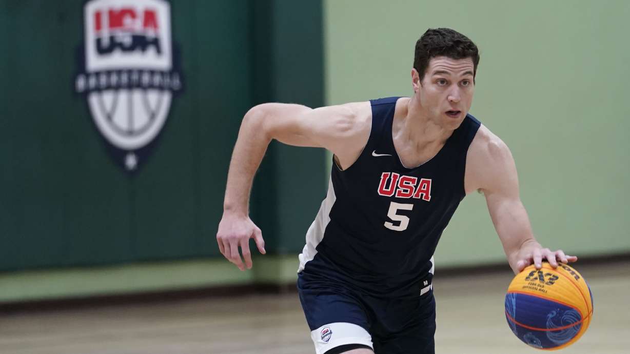 FILE - Jimmer Fredette practices for the USA Basketball 3x3 national team, Monday, Oct. 31, 2022, in Miami Lakes, Fla. USA Basketball announced its men’s 3x3 roster for the Paris Games on Tuesday, March 26, 2024, going with the same foursome that won a silver medal at the World Cup and gold at the Pan American Games last year.