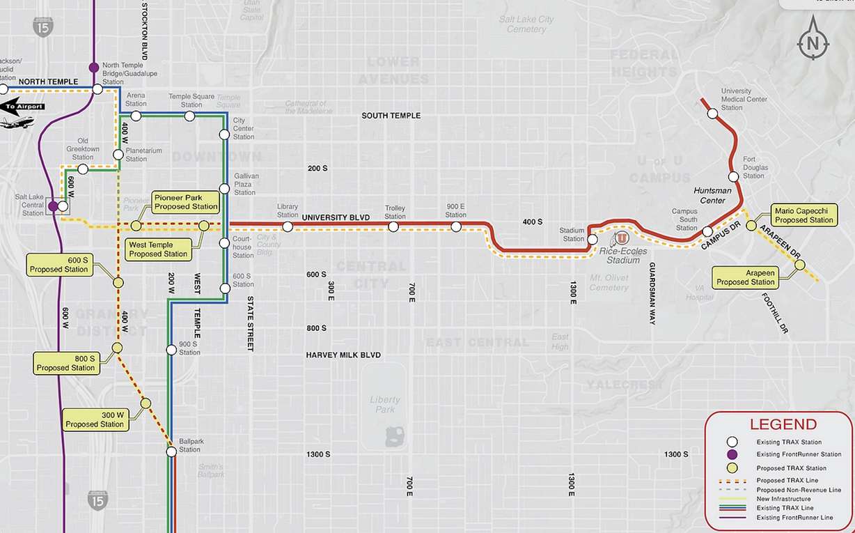 This map shows what all of the changes would look like with the Orange, Blue, Green and Red lines under Alternative 1 in Utah Transit Authority's TechLink TRAX Study.
