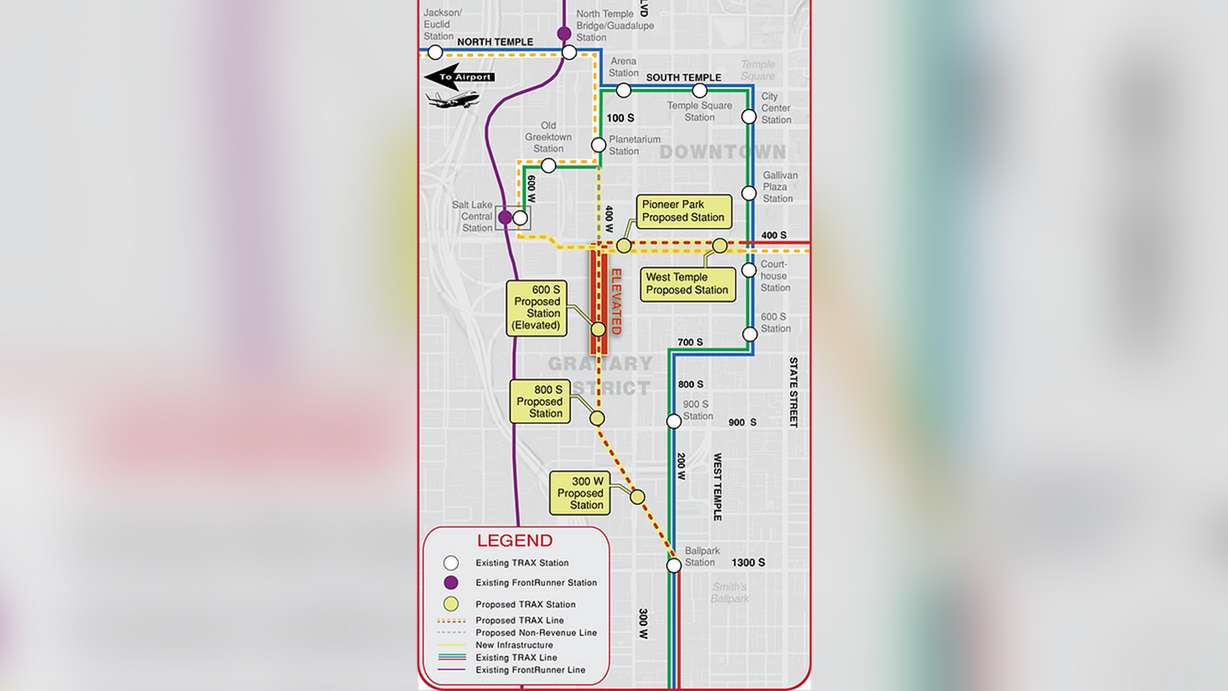 This map shows what all of the changes would look like under Alternative 2 in Utah Transit Authority's TechLink TRAX Study.