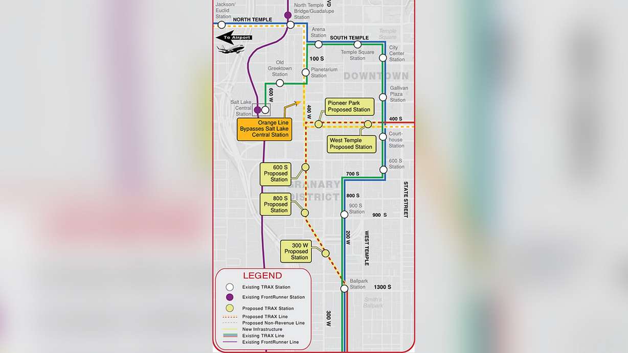 This map shows what all of the changes would look like under Alternative 3 in Utah Transit Authority's TechLink TRAX Study.