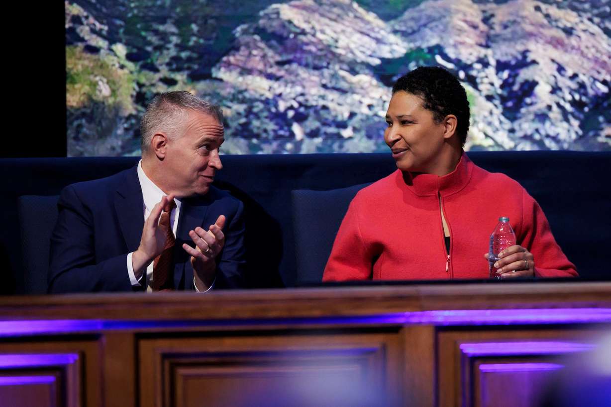 BYU President C. Shane Reese, left, speaks with Harvard professor Danielle Allen at the BYU devotional Tuesday, March 26, 2024.