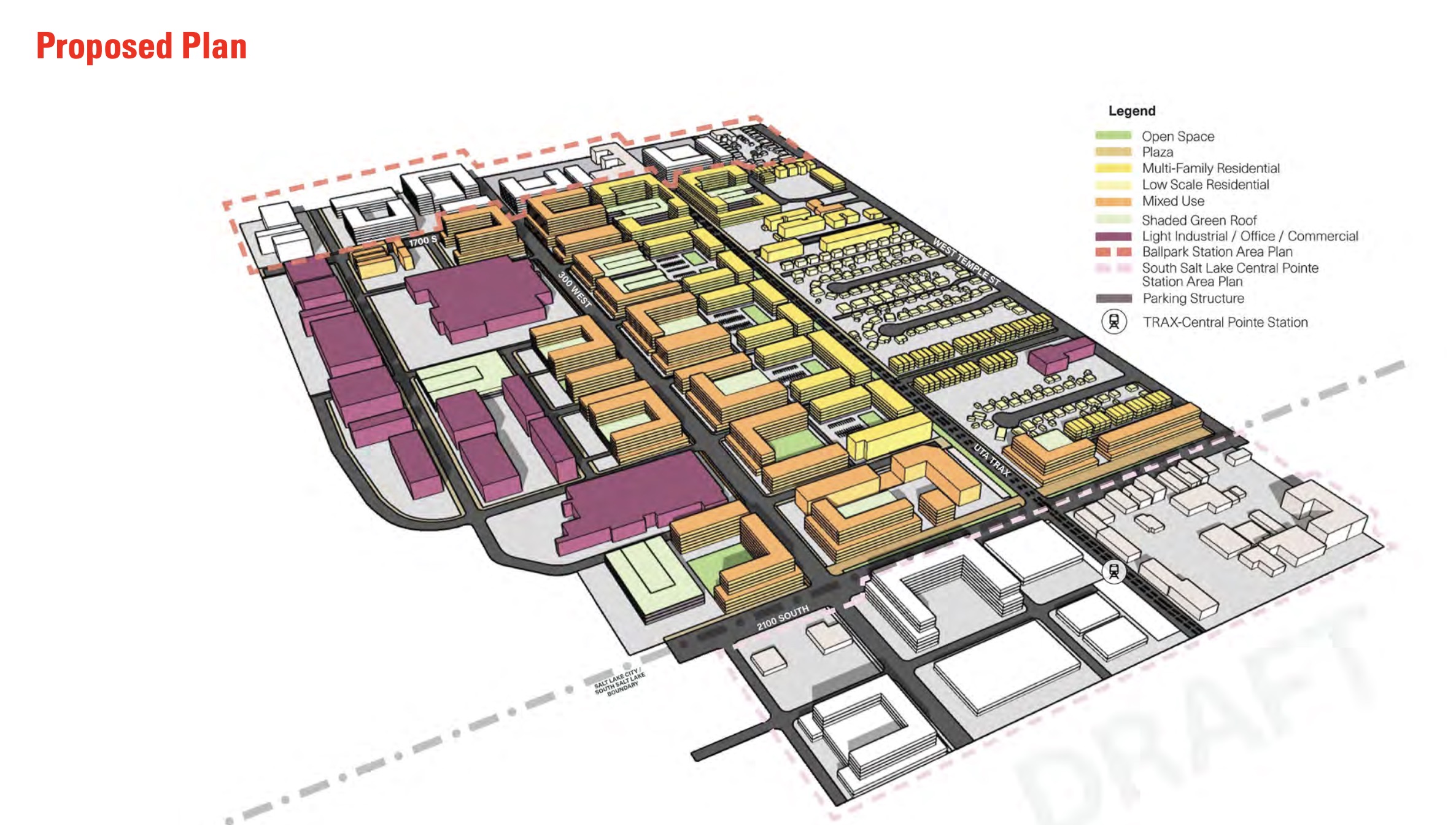This rendering shows what the future of Salt Lake City from 1700 South to 2100 South and West Temple to I-15 could look like in the future, mixing in various building types and open spaces.