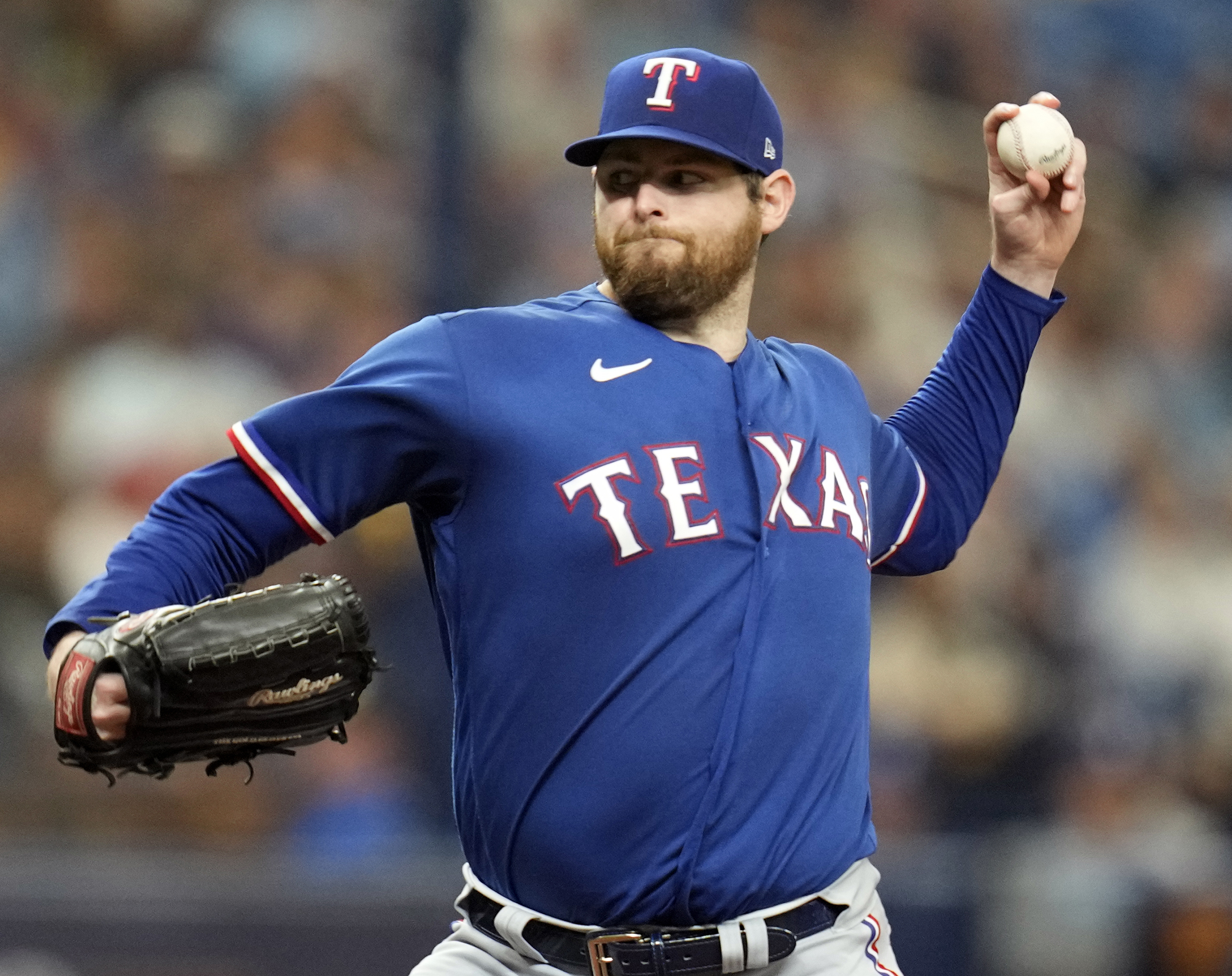 FILE - Texas Rangers starting pitcher Jordan Montgomery throws against the Tampa Bay Rays during the first inning of Game 1 in an AL wild-card baseball playoff series Oct. 3, 2023, in St. Petersburg, Fla. Baseball agent Scott Boras claims the free agent market is intensifying for two-time Cy Young Award winner Blake Snell and left-hander Montgomery with the opening day 3 1/2 weeks away for most teams,“I think there's a pitching panic going on in Major League Baseball right now,” he said Monday, March 4, 2024.