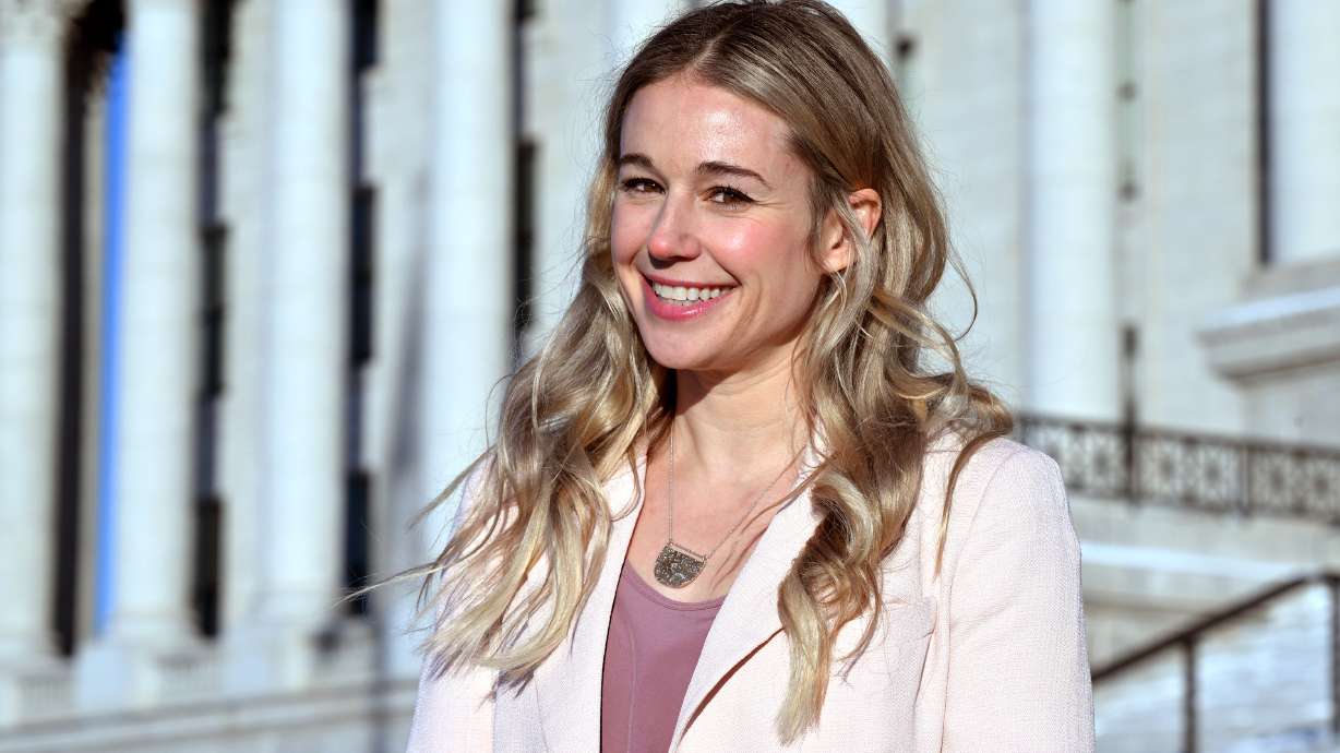Caroline Gleich on the steps of the Capitol in Salt Lake City after filing as a U.S. Senate candidate on Jan. 8.
