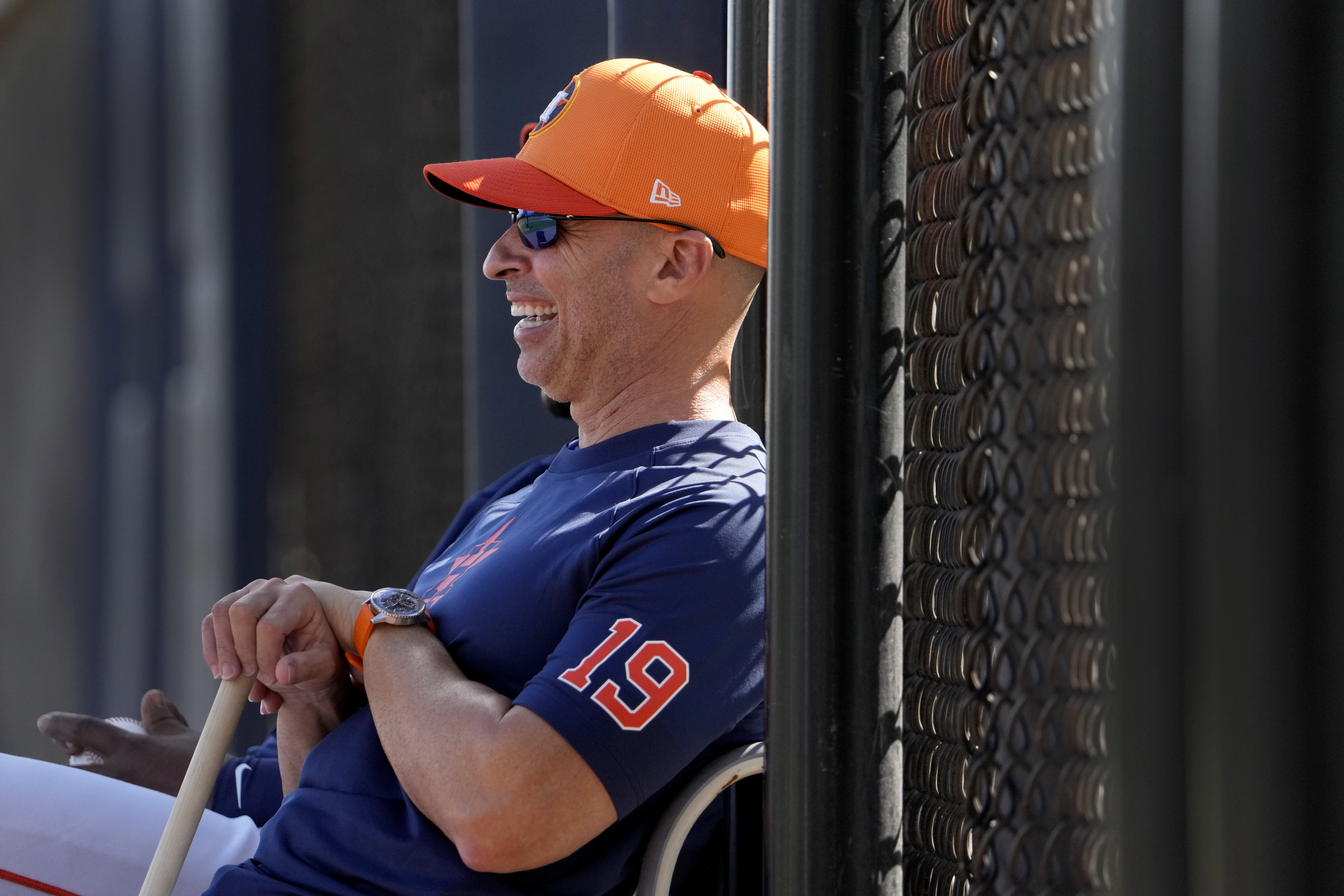FILE - Houston Astros manager Joe Espada smiles as he watches his team during a spring training baseball workout Wednesday, Feb. 14, 2024, in West Palm Beach, Fla. Espada was an assistant for three managers who have won a World Series in Joe Girardi, A.J. Hinch and Dusty Baker before becoming a skipper for the first time after the Houston Astros hired him following Baker’s retirement this offseason.