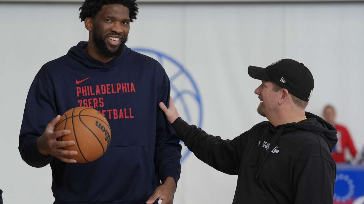 Philadelphia 76ers center Joel Embiid and head coach Nick Nurse meet at the NBA basketball team's practice facility, Thursday, Feb. 29, 2024, in Camden, N.J.
