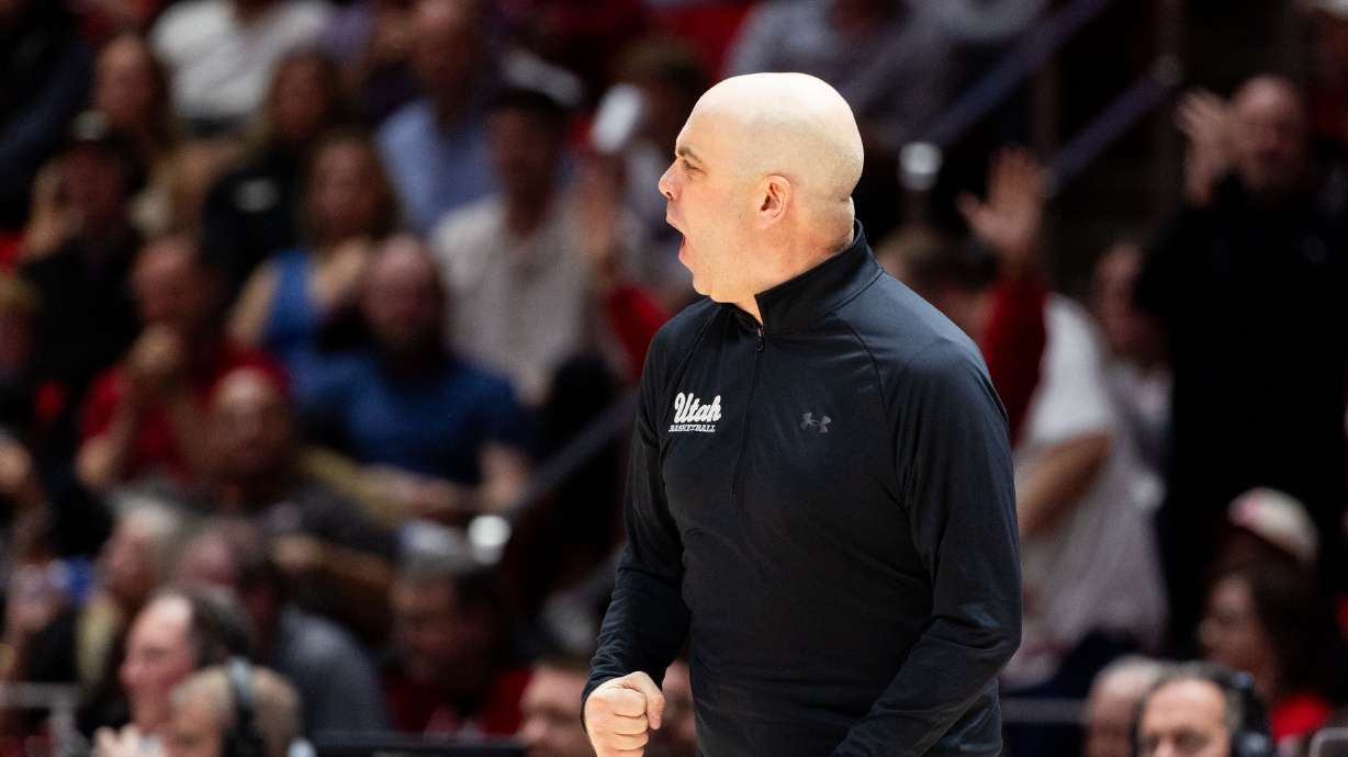 Utah Utes head coach Craig Smith reacts during the NIT quarterfinal game between the Utah Utes and the Virginia Commonwealth Rams at the Jon M. Huntsman Center in Salt Lake City on Wednesday, March 27, 2024.