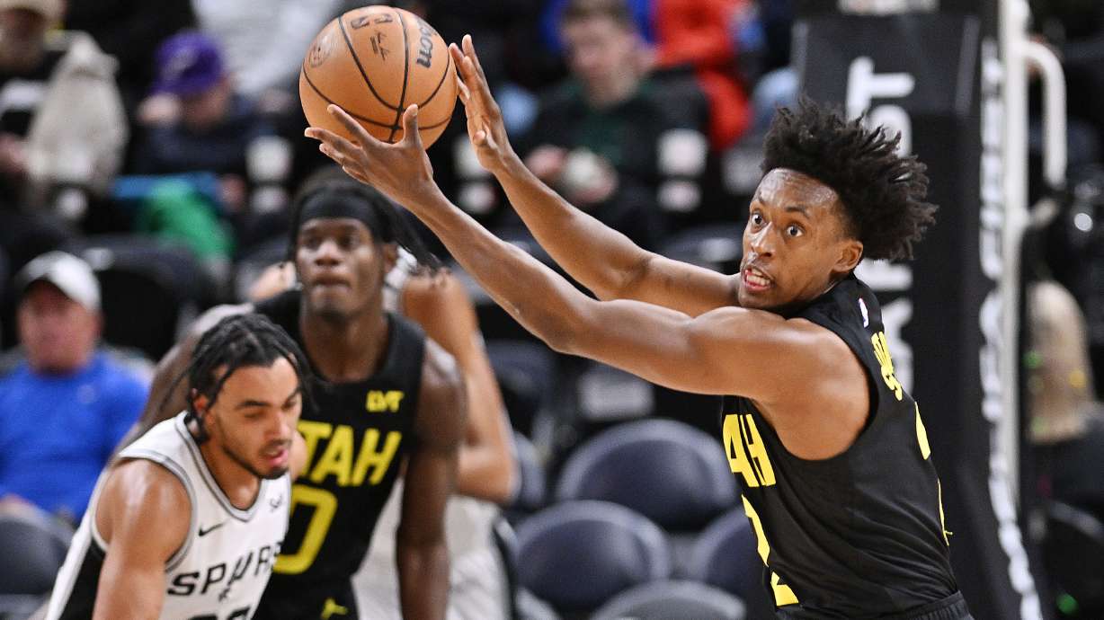 Utah Jazz guard Collin Sexton (2) catches a pass and heads upcourt as the Utah Jazz and the San Antonio Spurs play at the Delta Center in Salt Lake City on Wednesday, March 27, 2024. The Spurs won 118-111.
