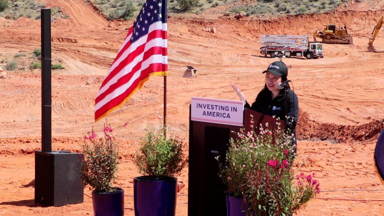 U.S. Bureau of Reclamation Commissioner Camille Calimlim Touton speaks at the site near the construction of the dam for the forthcoming Chief Toquer Reservoir about a new wave of water infrastructure funding being provided to projects in Utah and California, Toquerville, Wednesday.