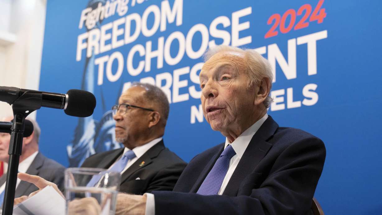 No Labels founding chairman and former Sen. Joe Lieberman, far right, speaks about the 2024 election at National Press Club, in Washington, Jan. 18. Lieberman's death marks an irreplaceable loss for the No Labels group.