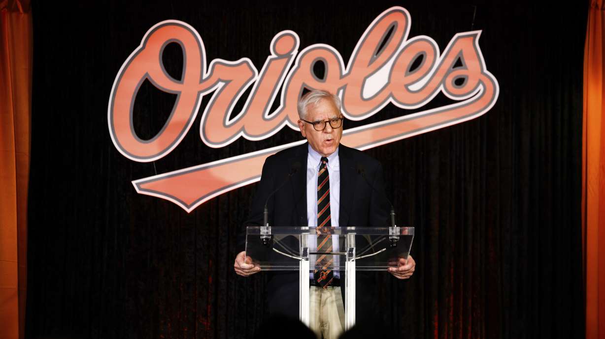 Baltimore Orioles majority owner David Rubenstein speaks at a press conference prior to a baseball game against the Los Angeles Angels, Thursday, March 28, 2024, in Baltimore.