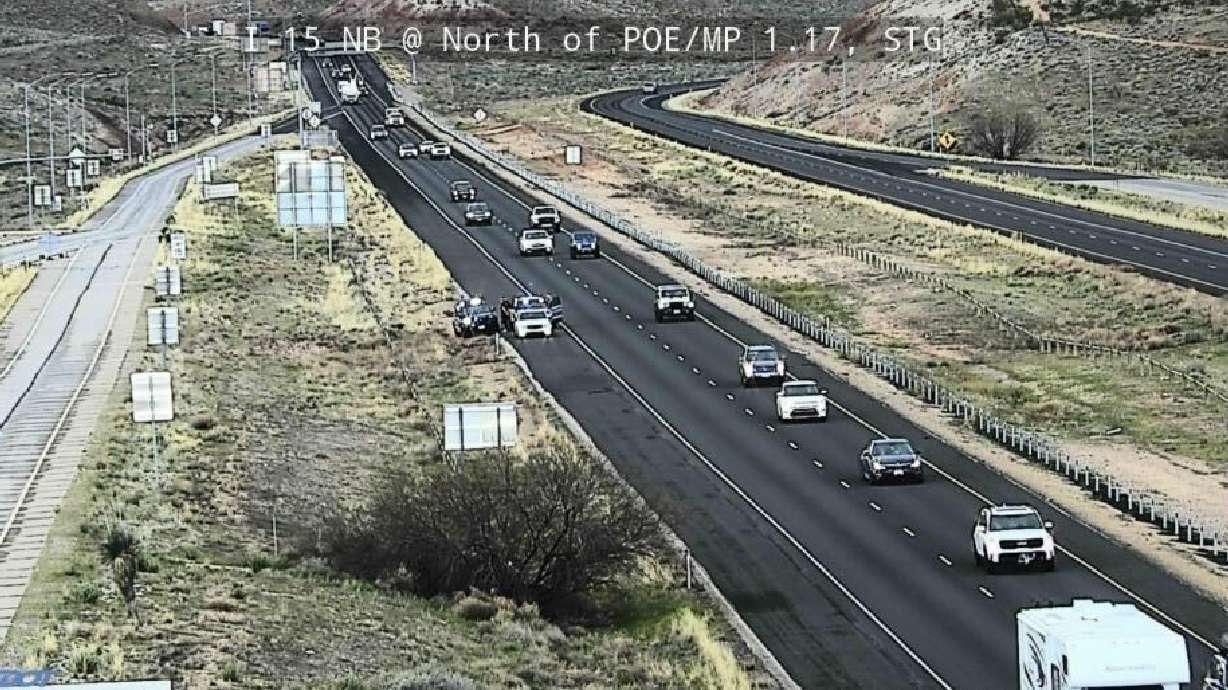 Traffic camera shows a traffic stop on northbound I-15 that led to the arrest of two men, Jeremy Daniel Perkins, 44, of Washington, Washington County, and 50-year-old Carl John Racker, of Ogden, on Sunday.