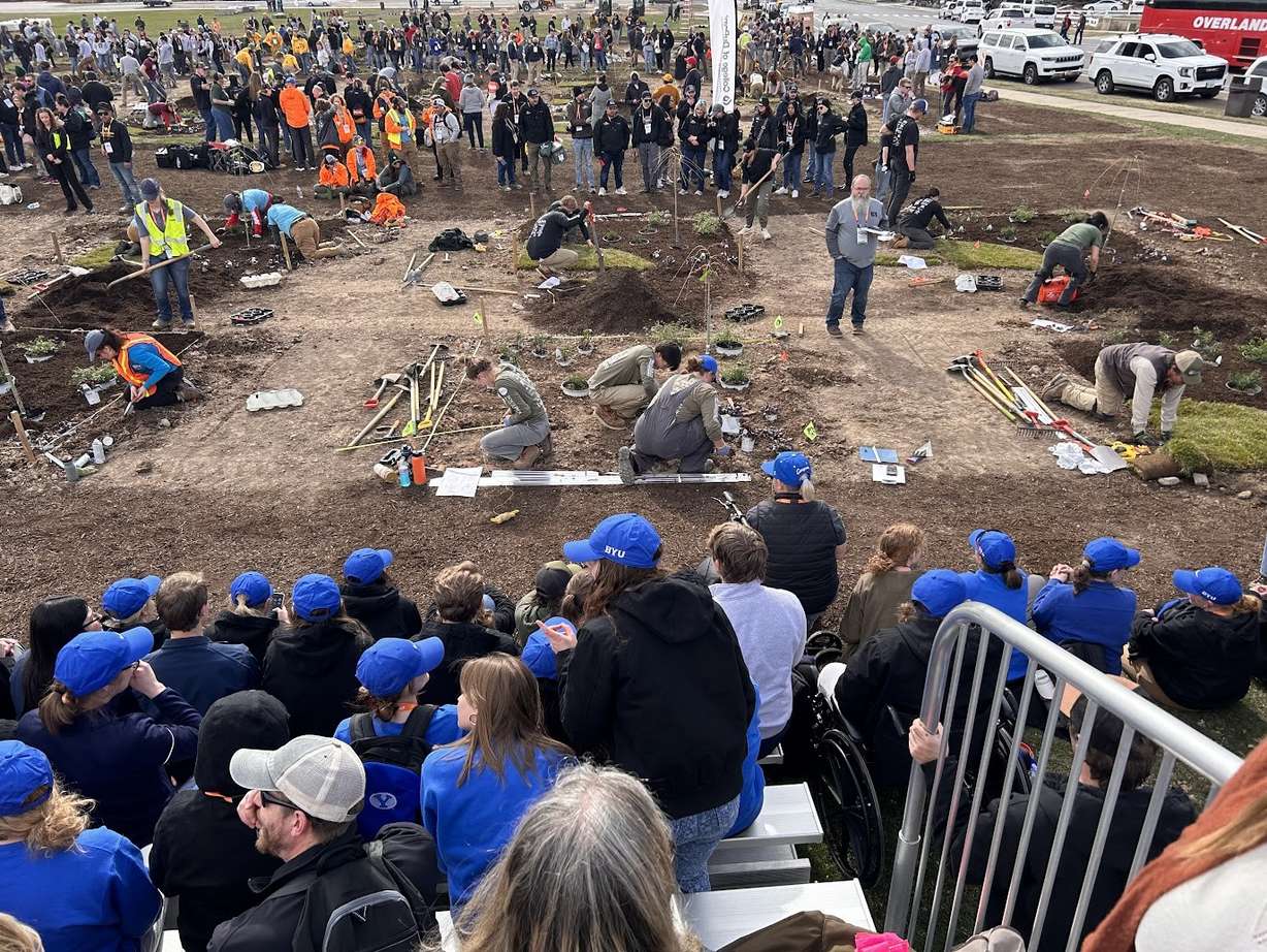 Collegiate teams participating in events for the National Collegiate Landscaping Competition on the BYU grounds in Provo.