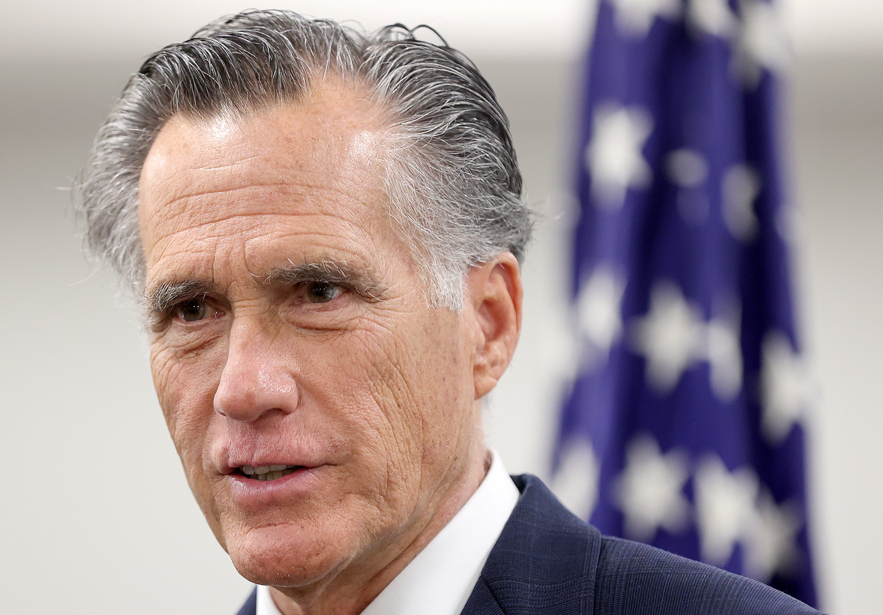 Sen. Mitt Romney, R-Utah, at the Bennett Federal Building in Salt Lake City on Feb. 16. Romney is calling for the creation of a new oversight committee to expand the efforts Congress made to go after the fraudulent use of federal COVID-19 funds.