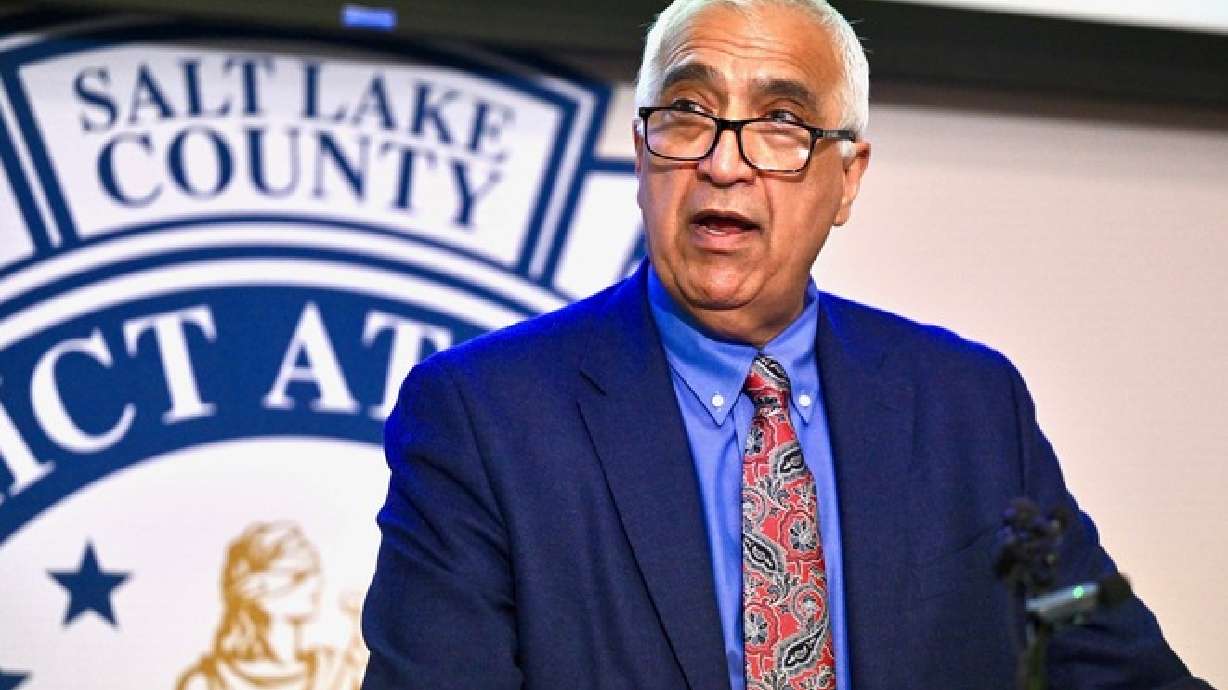 Salt Lake County District Attorney Sim Gill gives information on a review of a police shooting death from Jan. 13, 2023, at a press conference at his office in Salt Lake City on Friday.