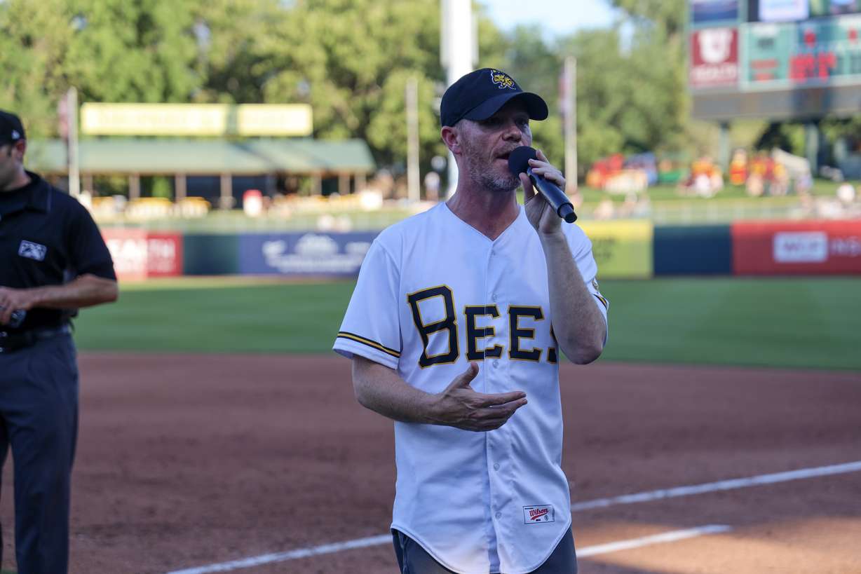 An undated photo of Tony Parks emceeing between innings of a Salt Lake Bees game at Smith's Ballpark. Parks started his role as the in-game host in 2007.